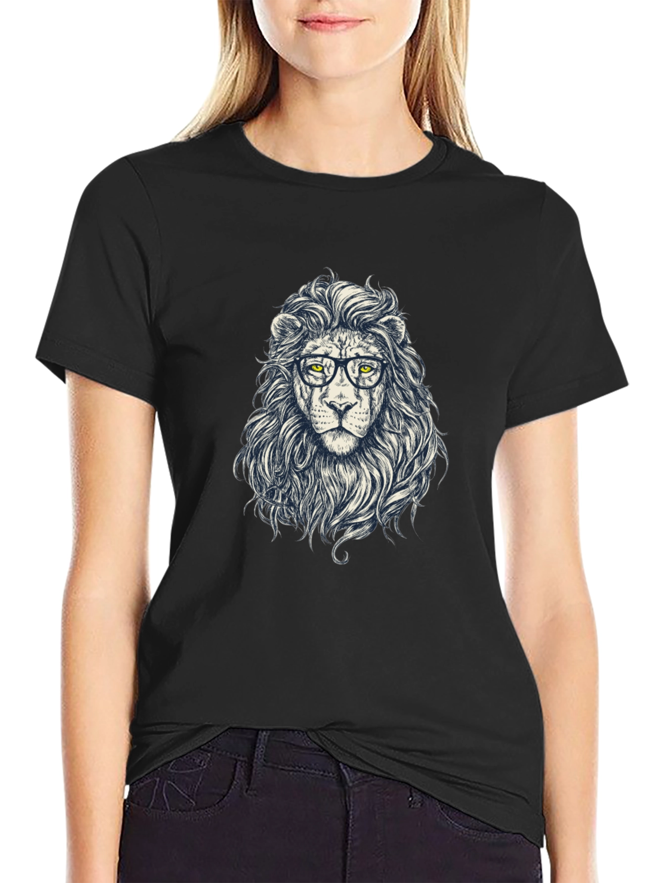 Lion with Glasses Graphic Tee - Black