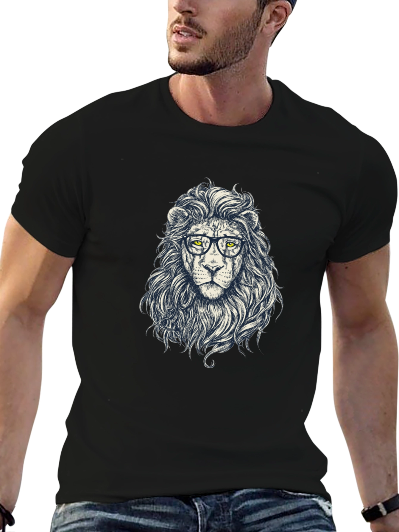 Lion with Glasses Graphic Tee - Black
