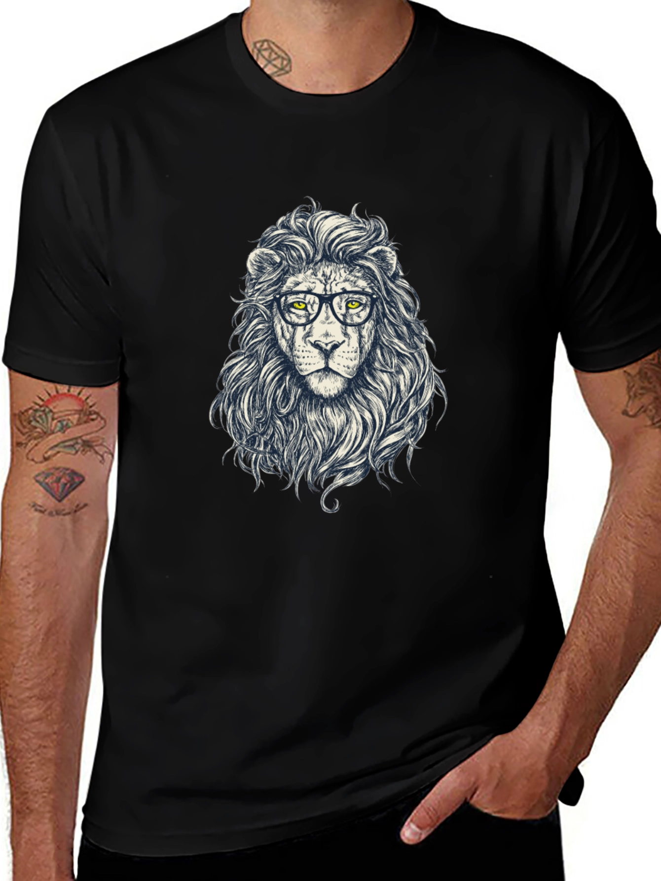 Lion with Glasses Graphic Tee - Black