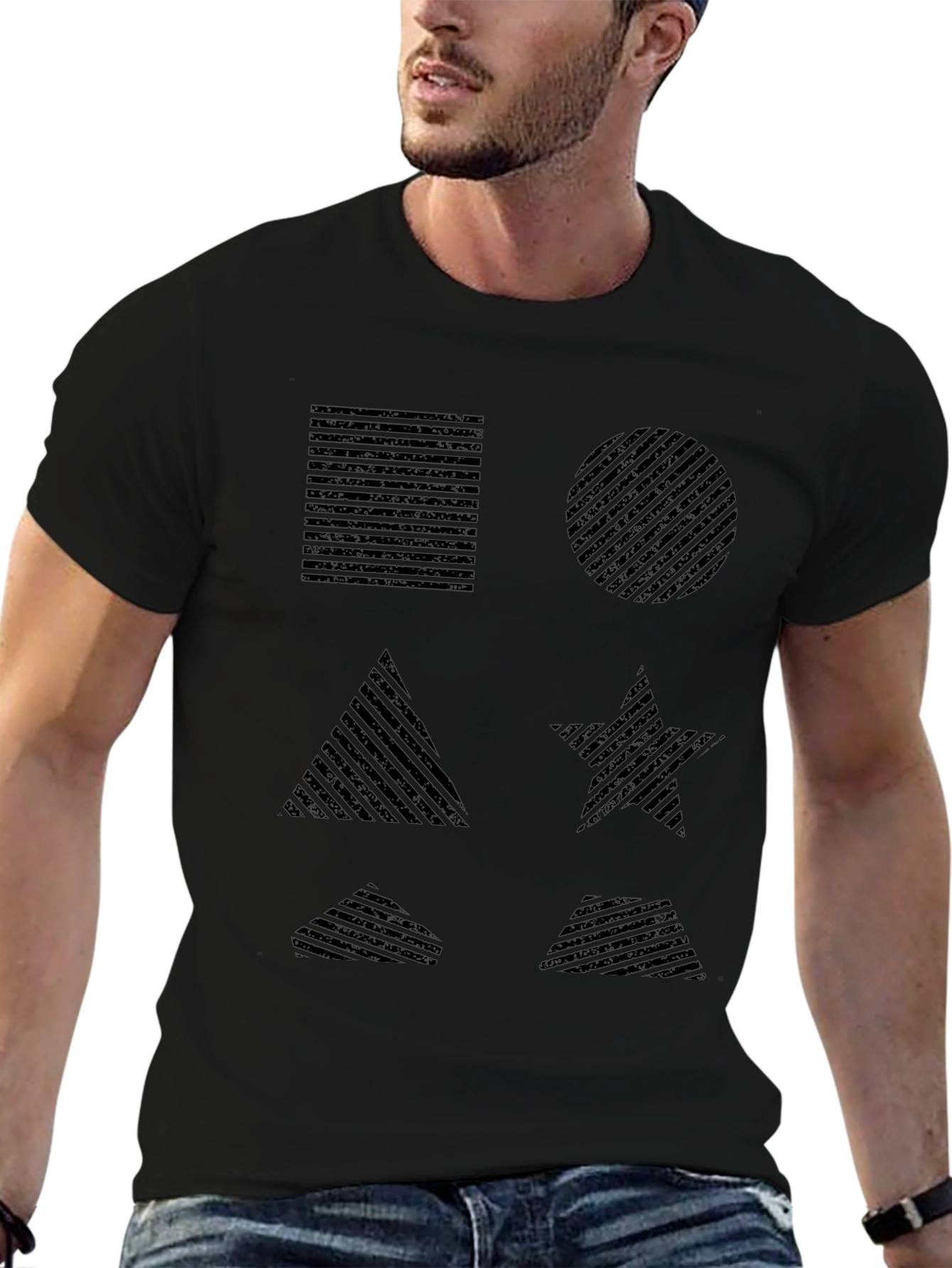 Geometric Shapes Pattern Black T-Shirt