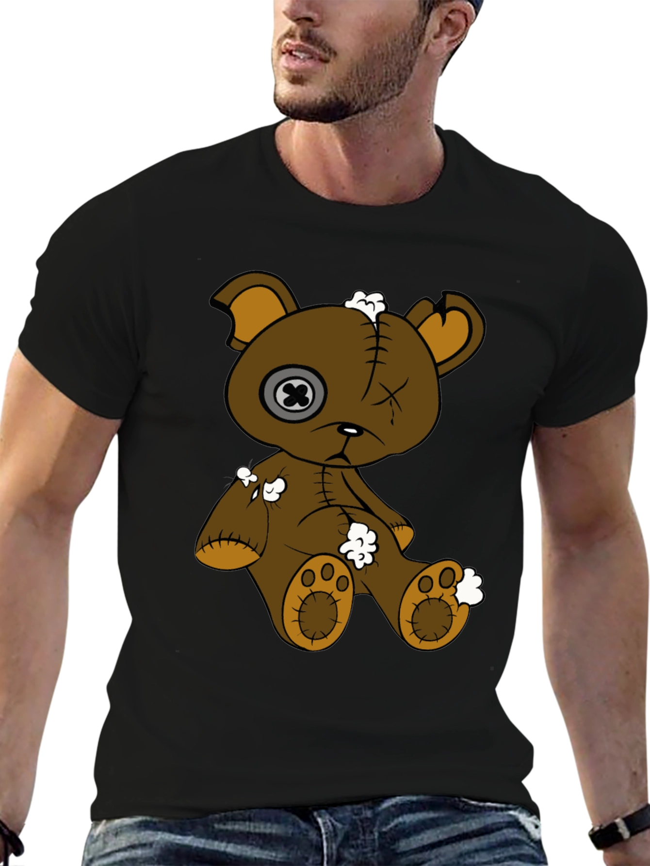 Distressed Teddy Bear Graphic Tee - Unisex Black T-Shirt