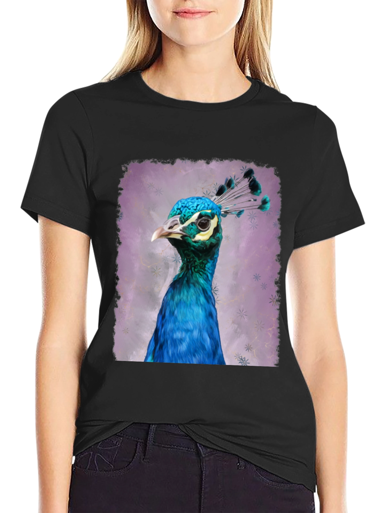 Peacock Portrait Graphic Tee - Black Cotton T-Shirt