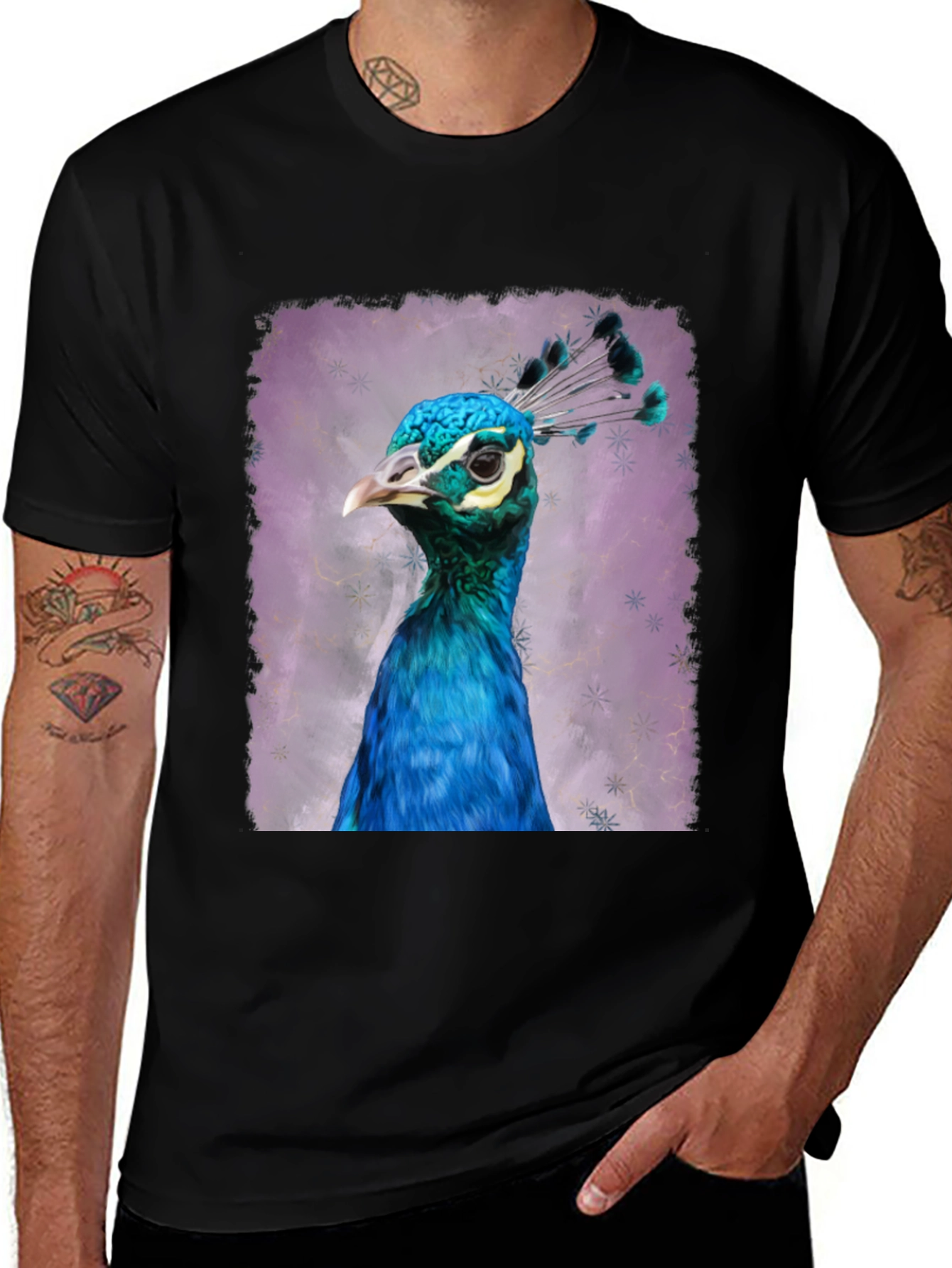 Peacock Portrait Graphic Tee - Black Cotton T-Shirt