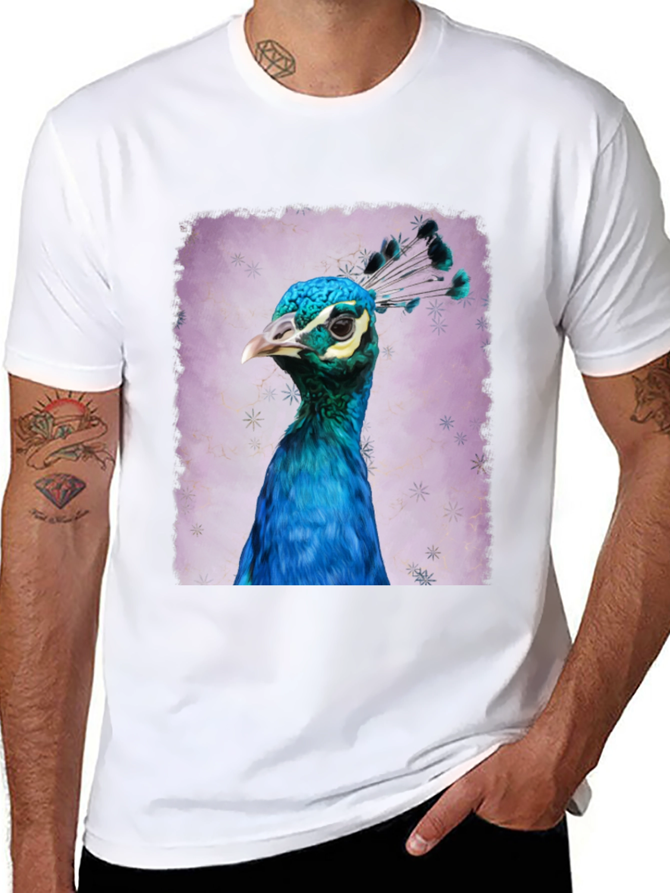 Peacock Portrait Graphic Tee - Black Cotton T-Shirt