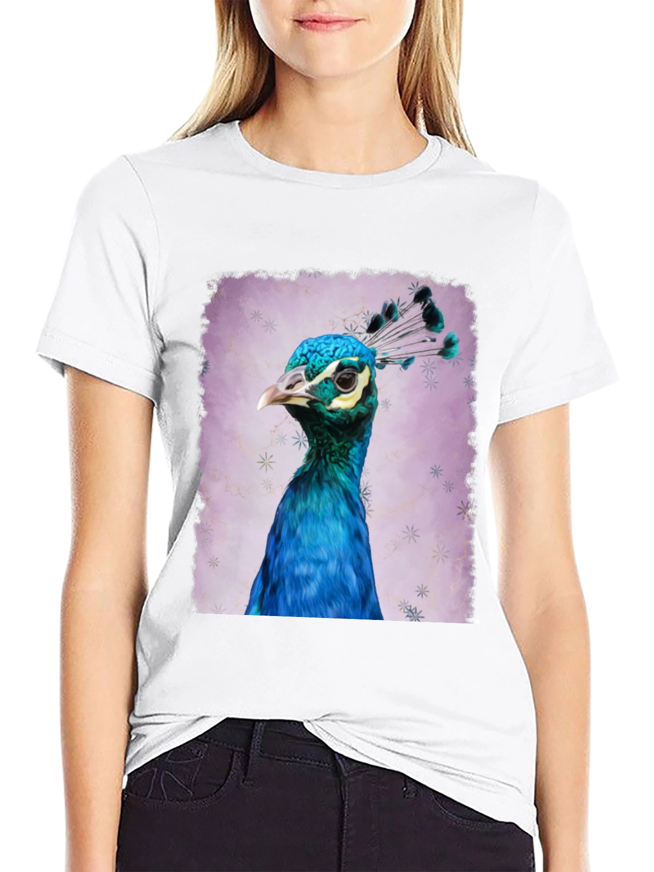 Peacock Portrait Graphic Tee - Black Cotton T-Shirt