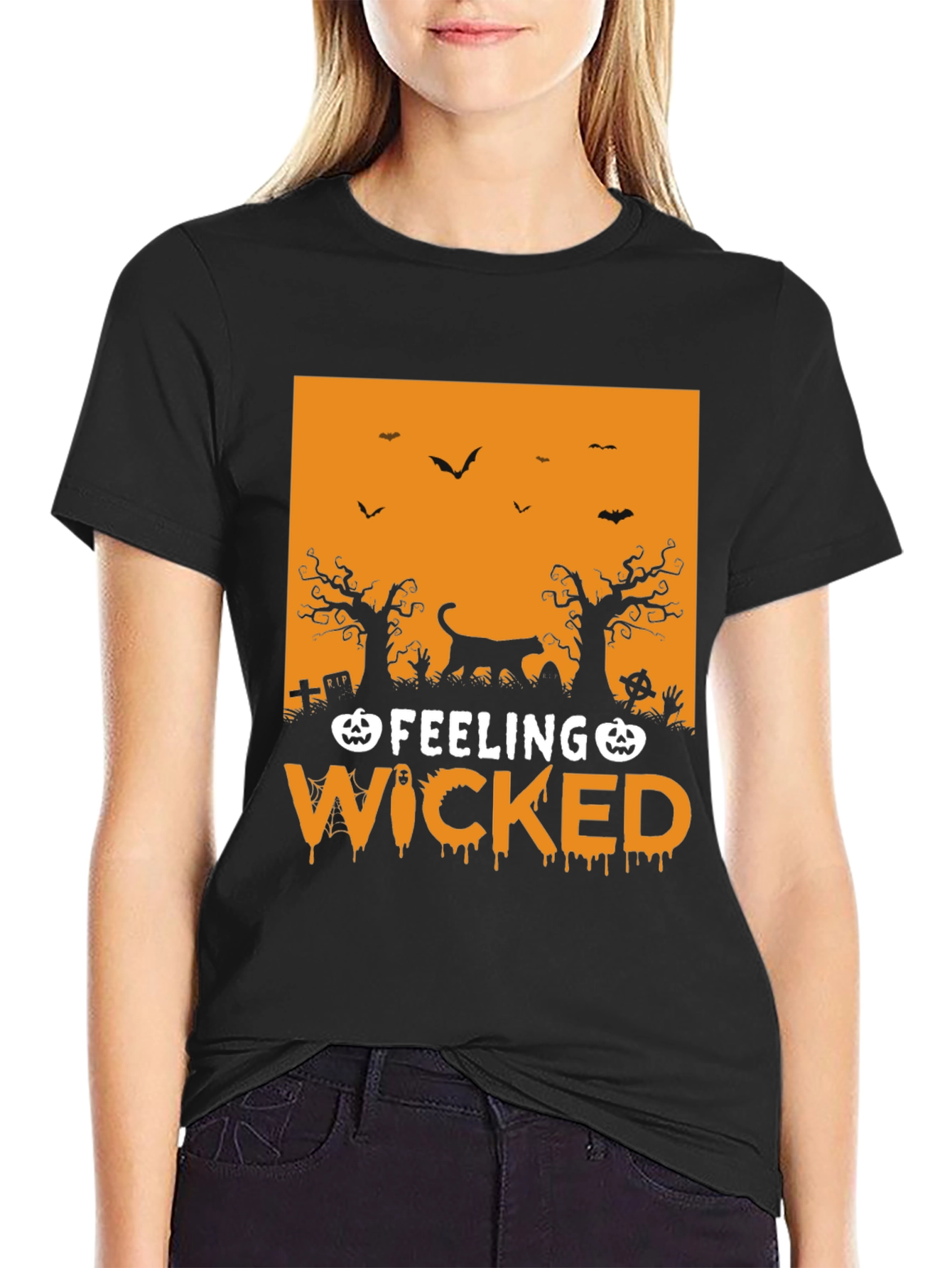 Feeling Wicked Halloween T-Shirt - Black Cat Design