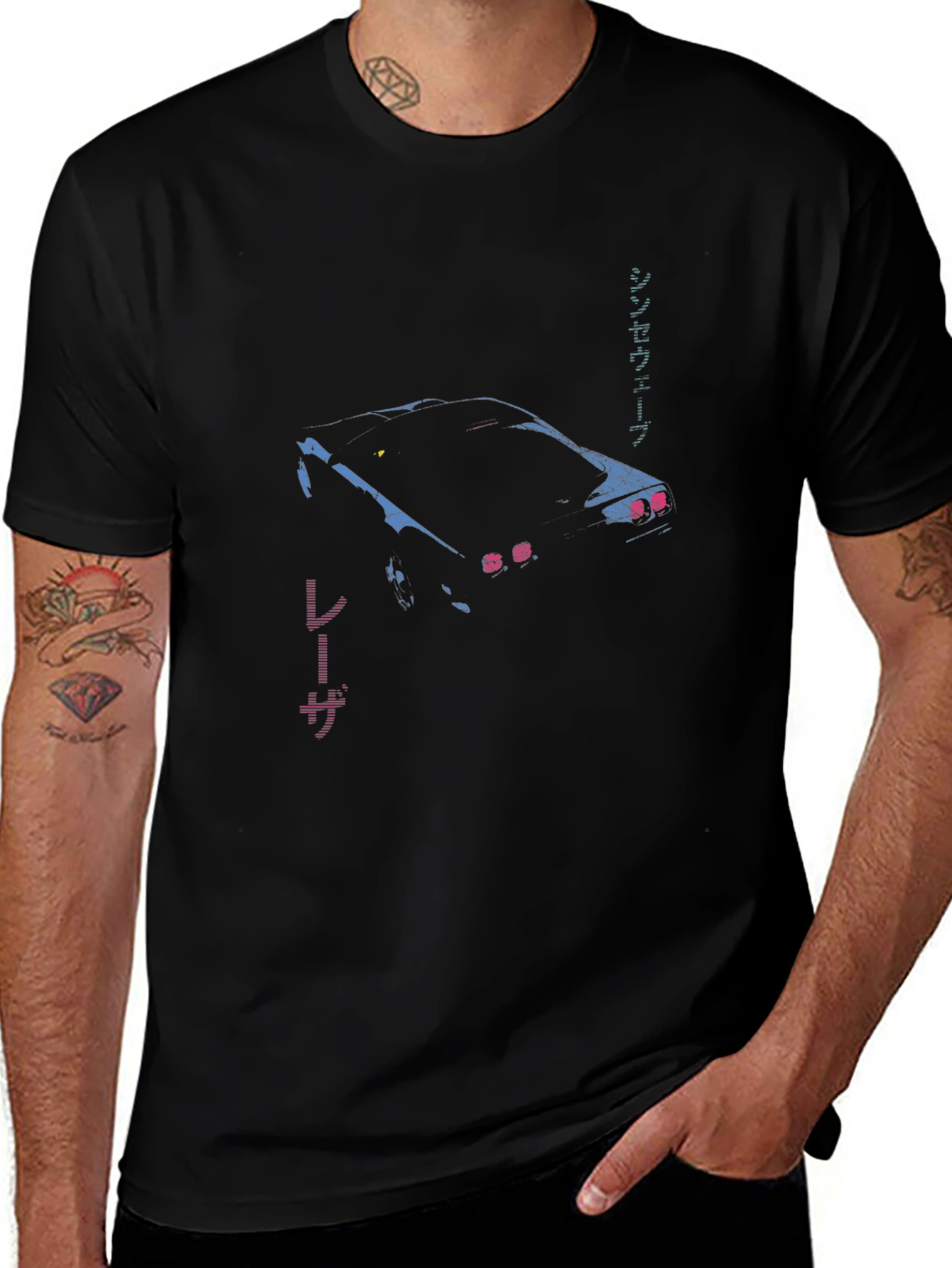 Retro Car Graphic T-Shirt - Japanese Text Design