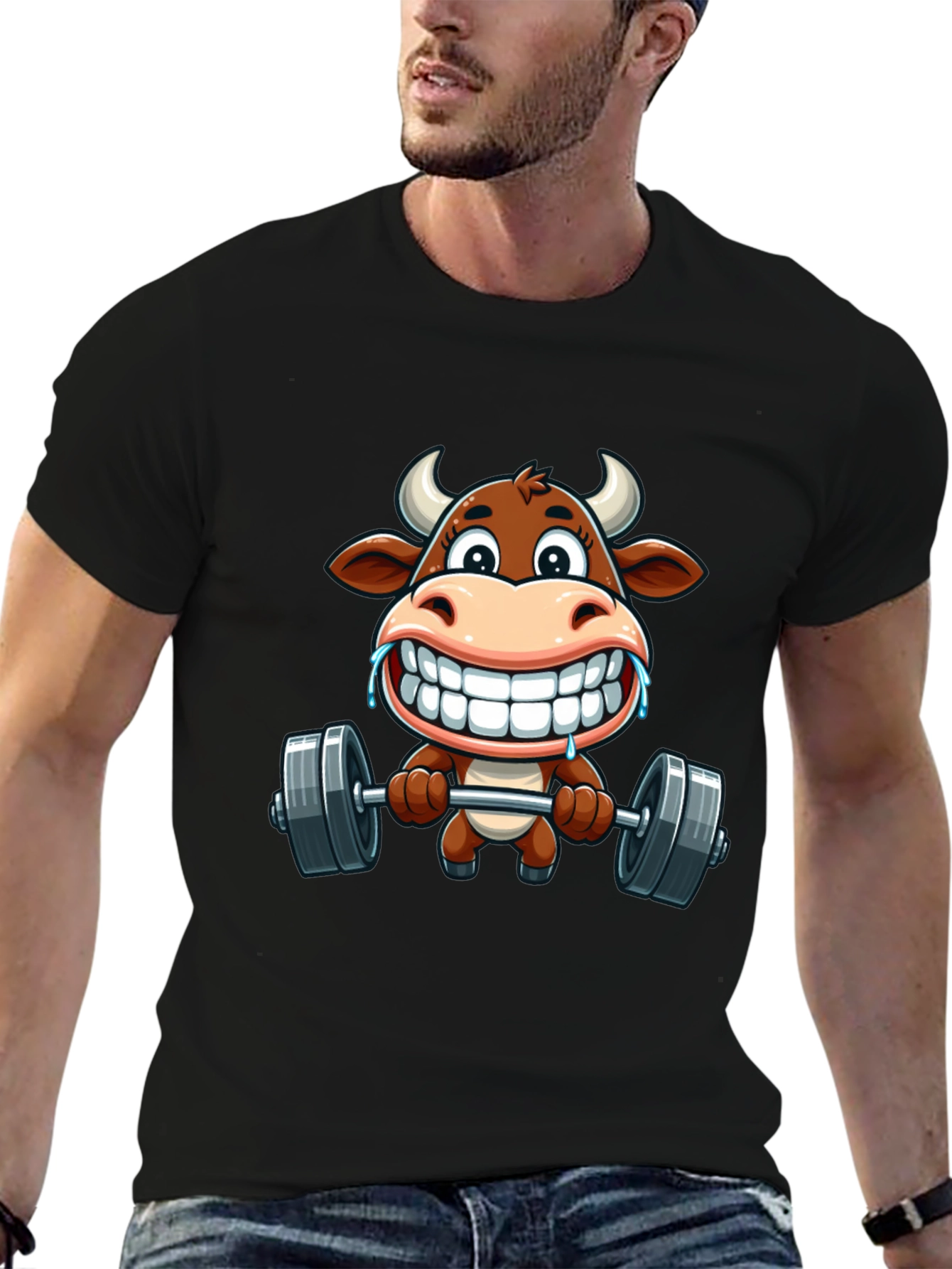 Funny Cow Lifting Weights Graphic T-Shirt