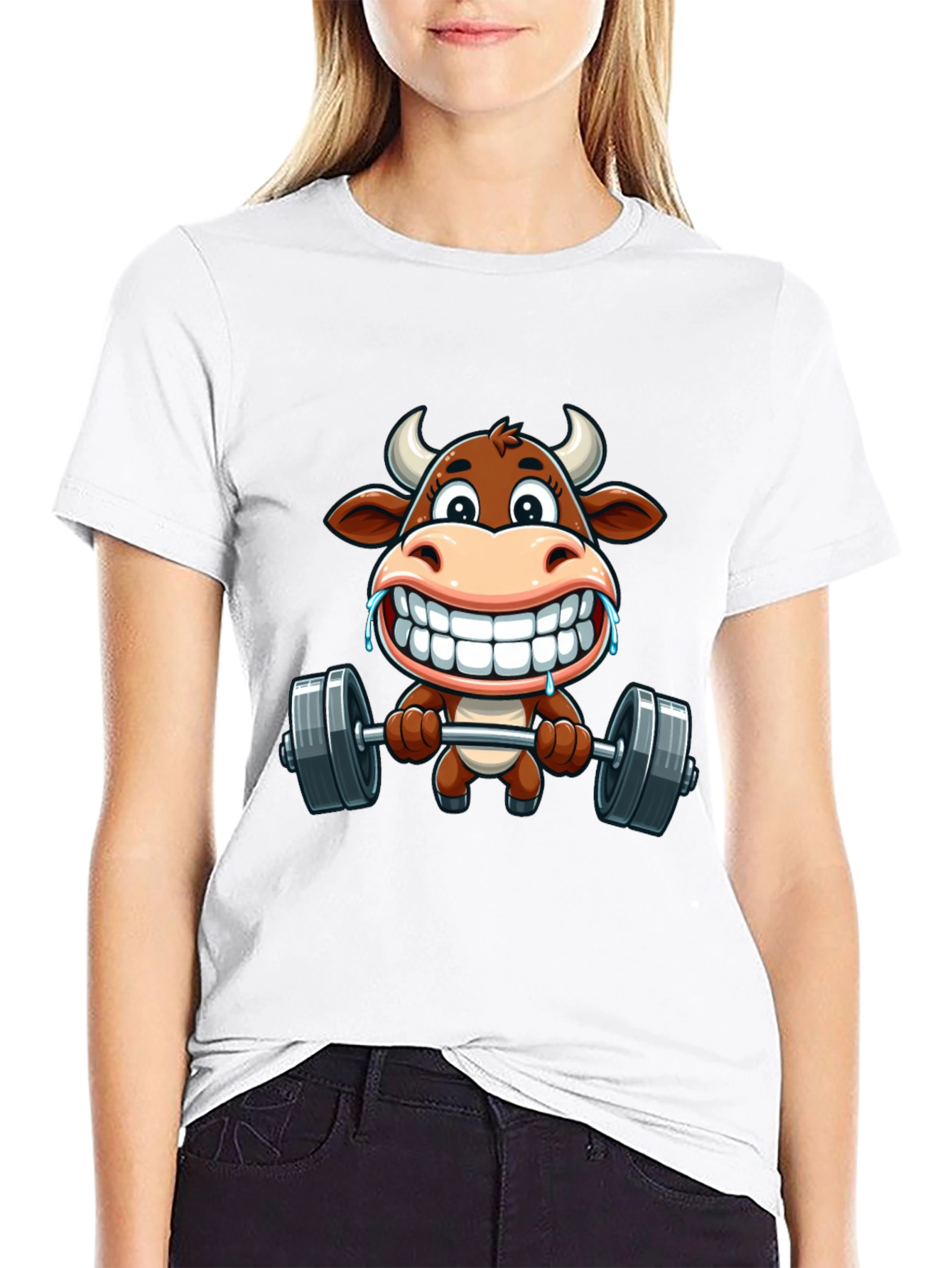 Funny Cow Lifting Weights Graphic T-Shirt