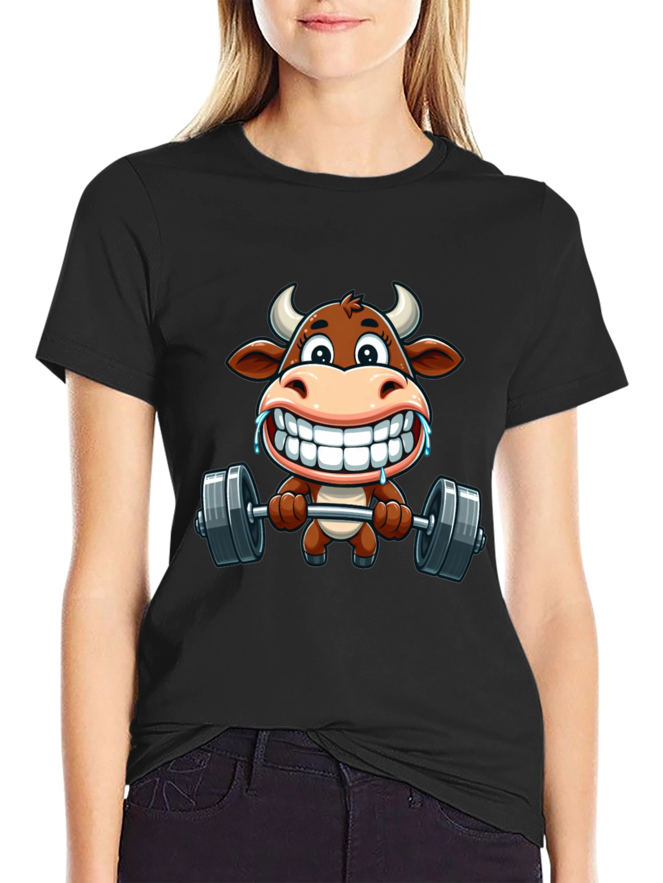 Funny Cow Lifting Weights Graphic T-Shirt