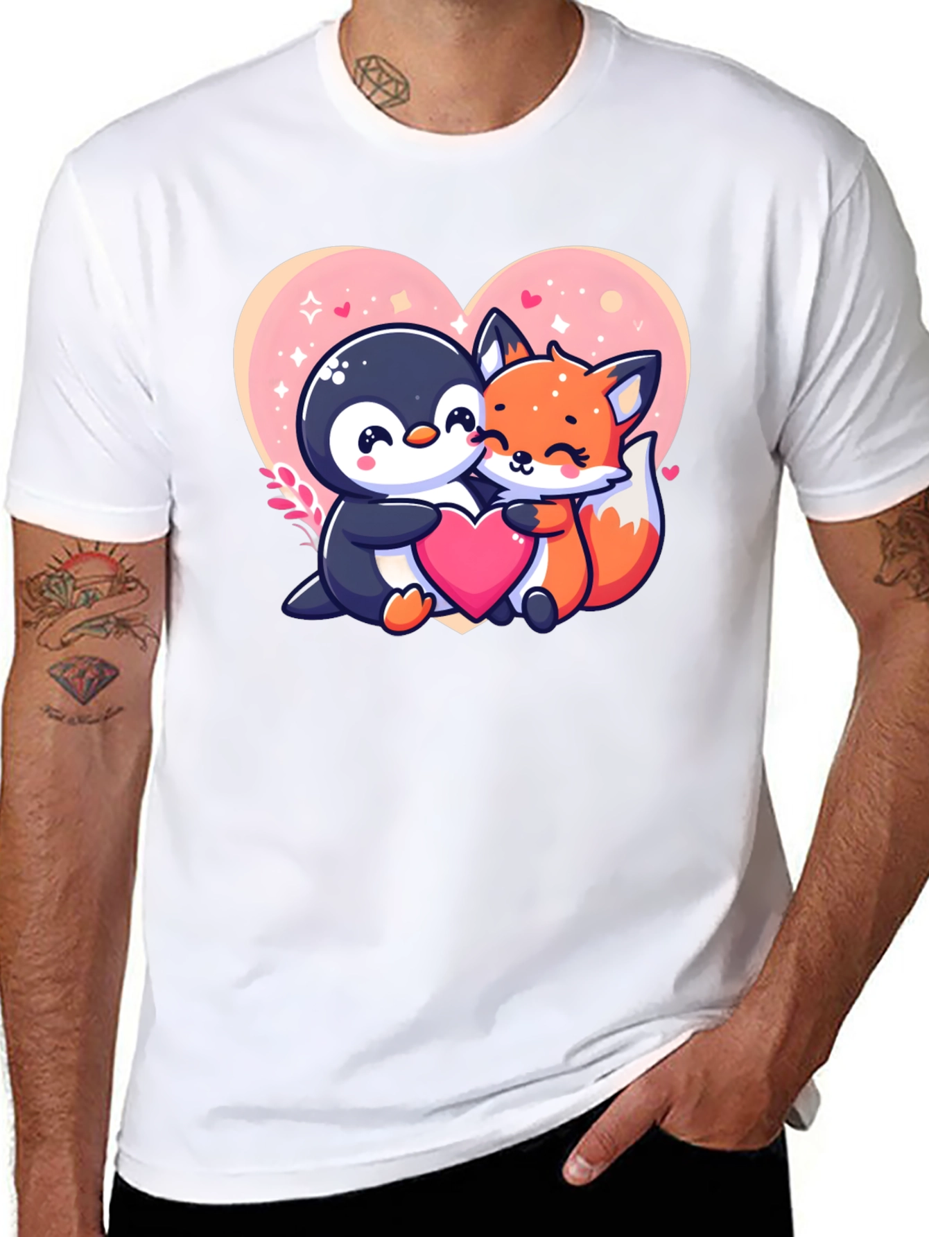 Cute Penguin & Fox Love Heart Graphic Tee