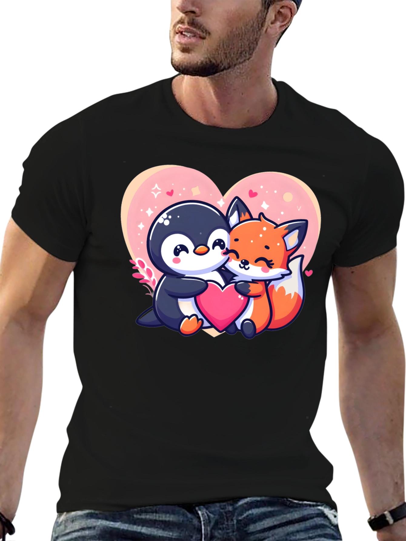 Cute Penguin & Fox Love Heart Graphic Tee