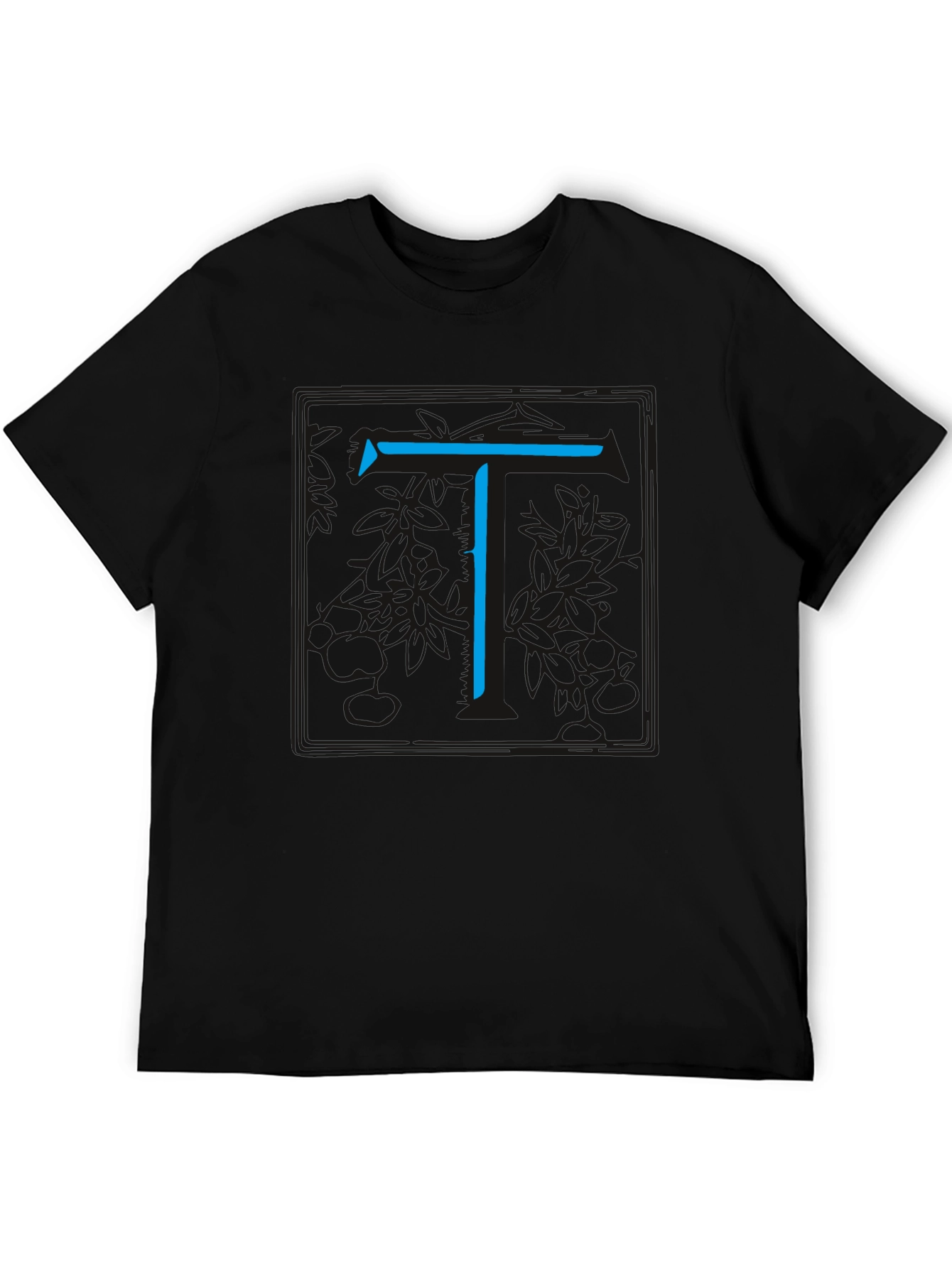 Modern Blue Initial T Graphic Black T-Shirt