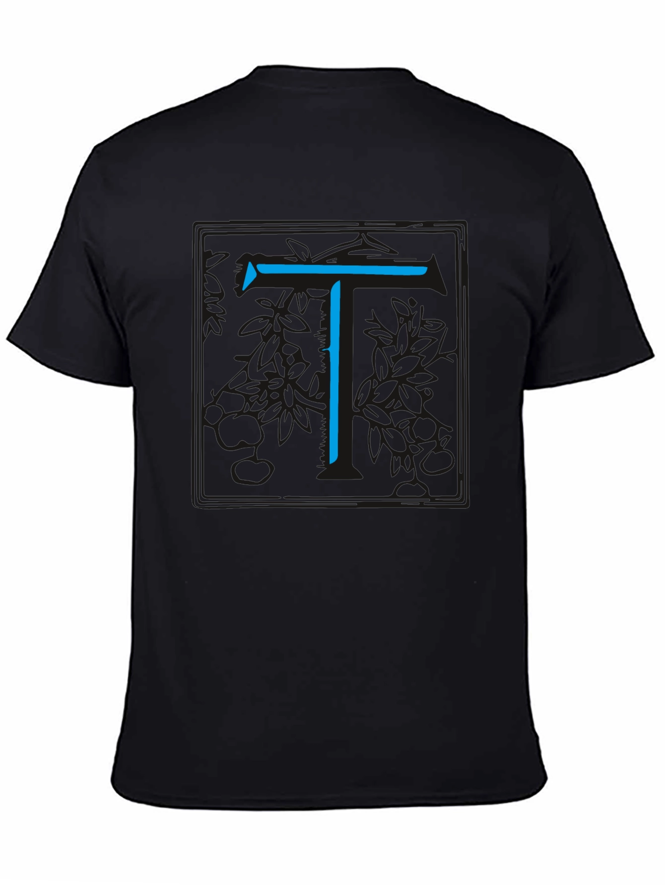 Modern Blue Initial T Graphic Black T-Shirt
