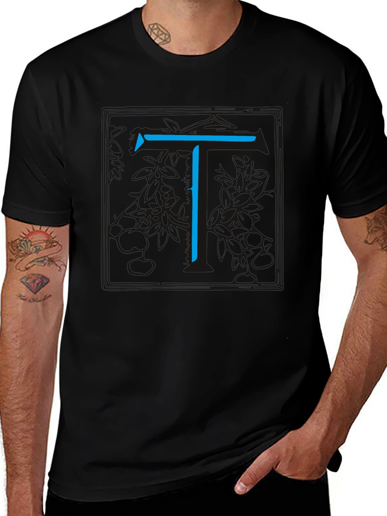 Modern Blue Initial T Graphic Black T-Shirt