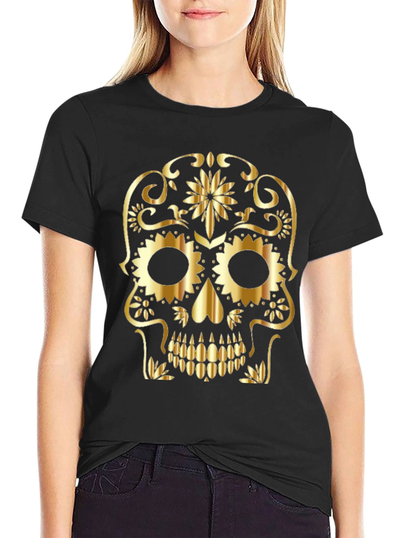 Gothic Golden Sugar Skull Graphic T-Shirt