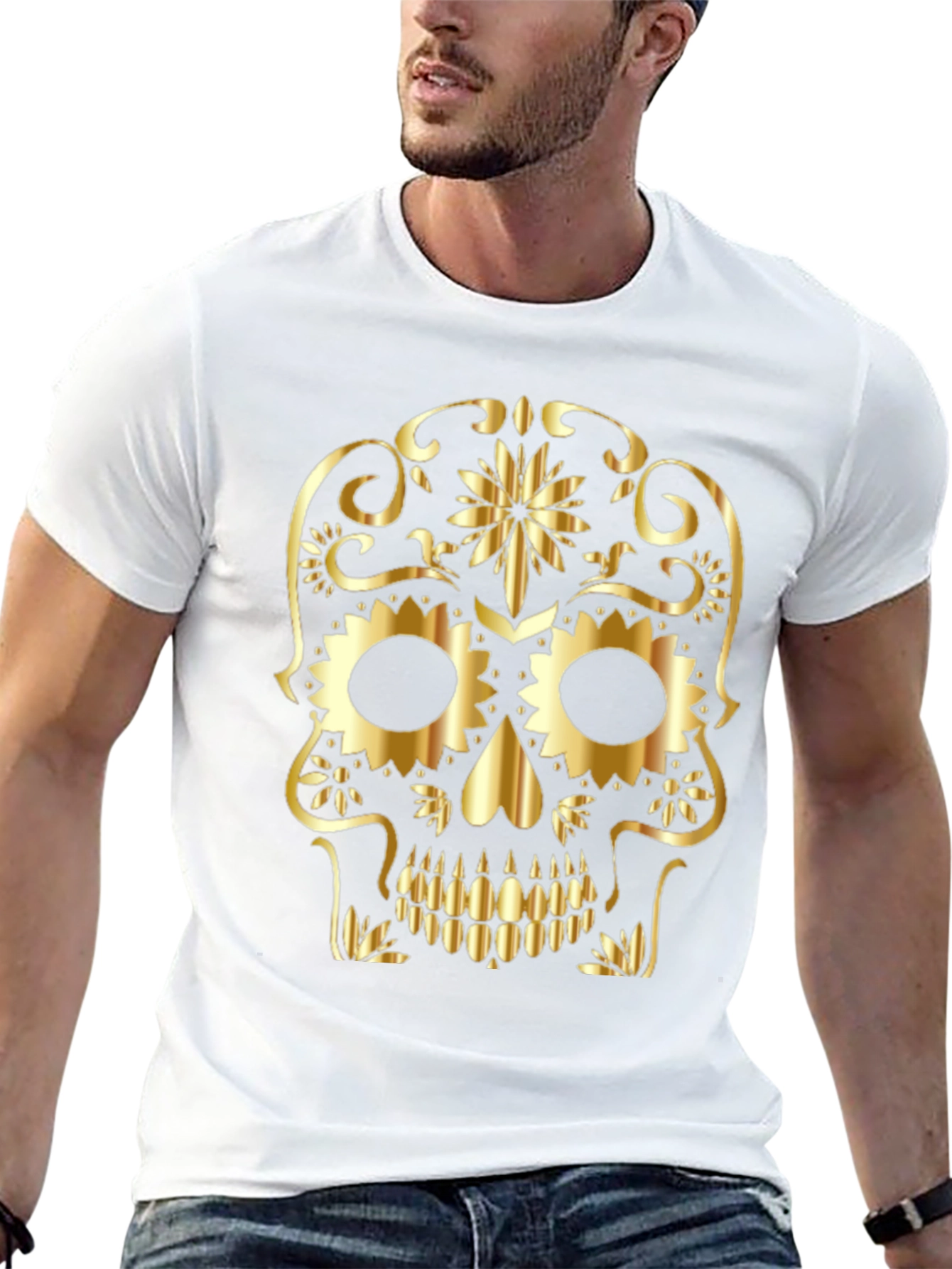 Gothic Golden Sugar Skull Graphic T-Shirt