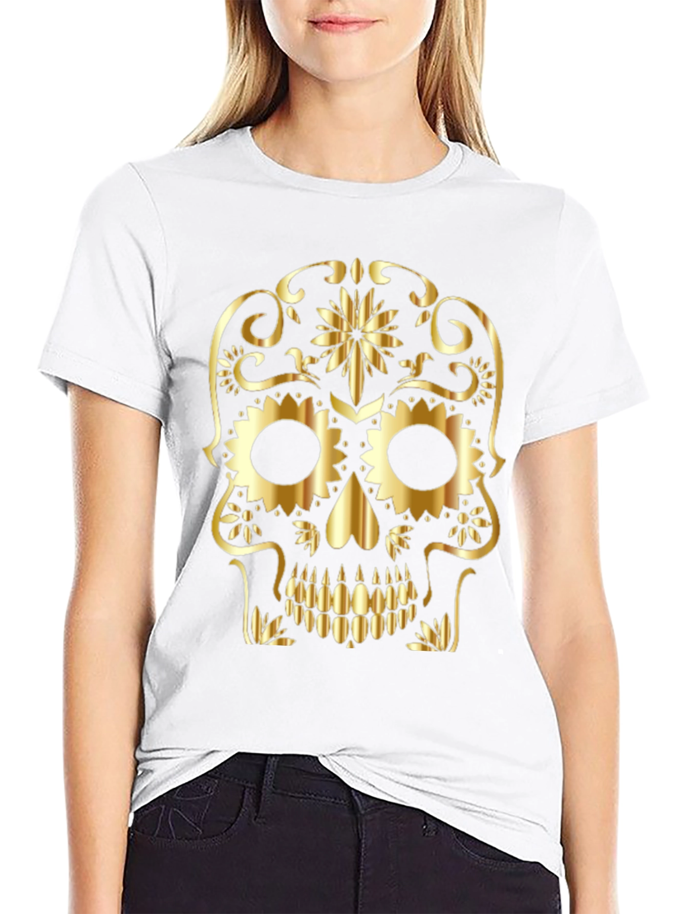 Gothic Golden Sugar Skull Graphic T-Shirt