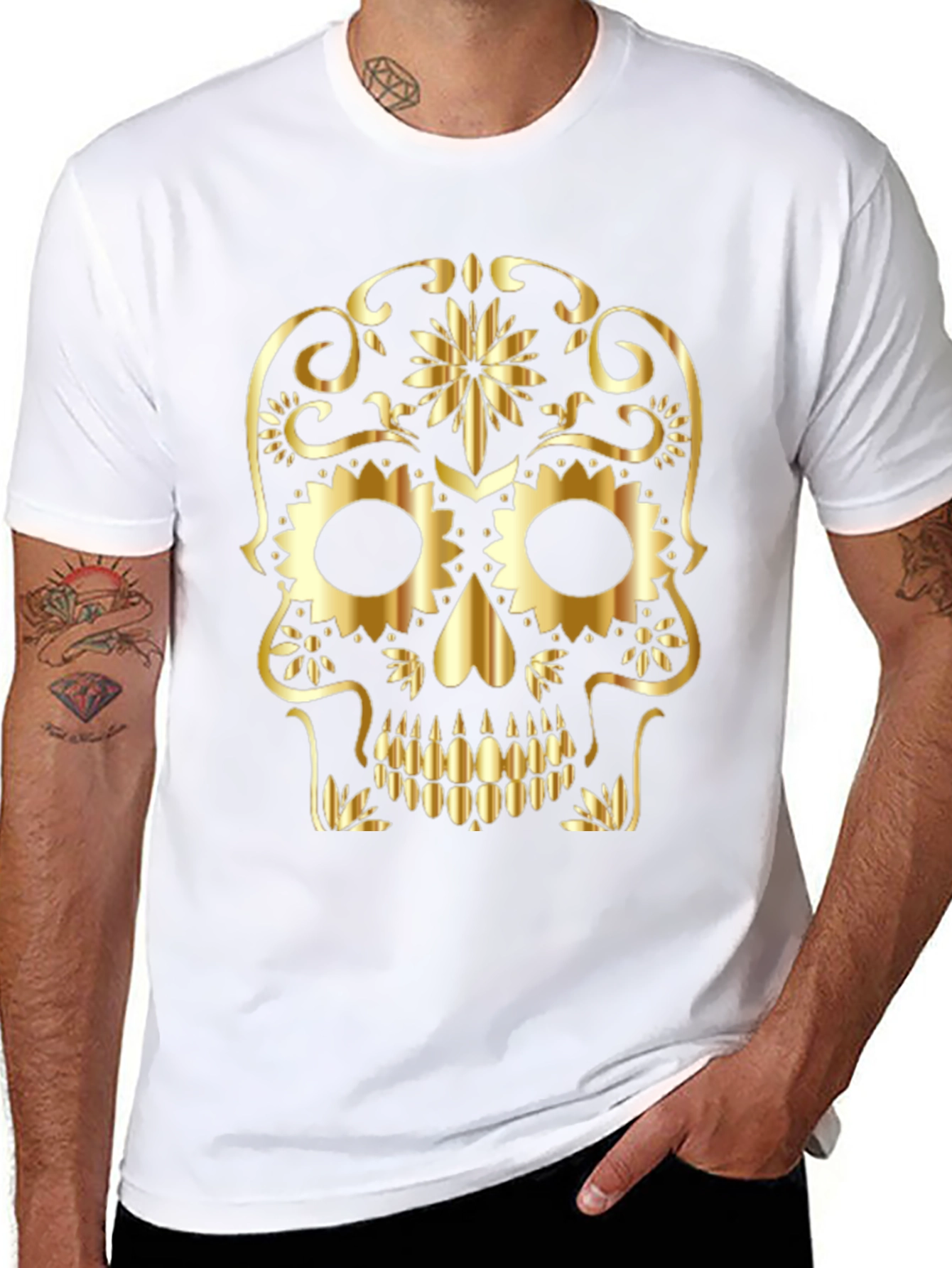 Gothic Golden Sugar Skull Graphic T-Shirt