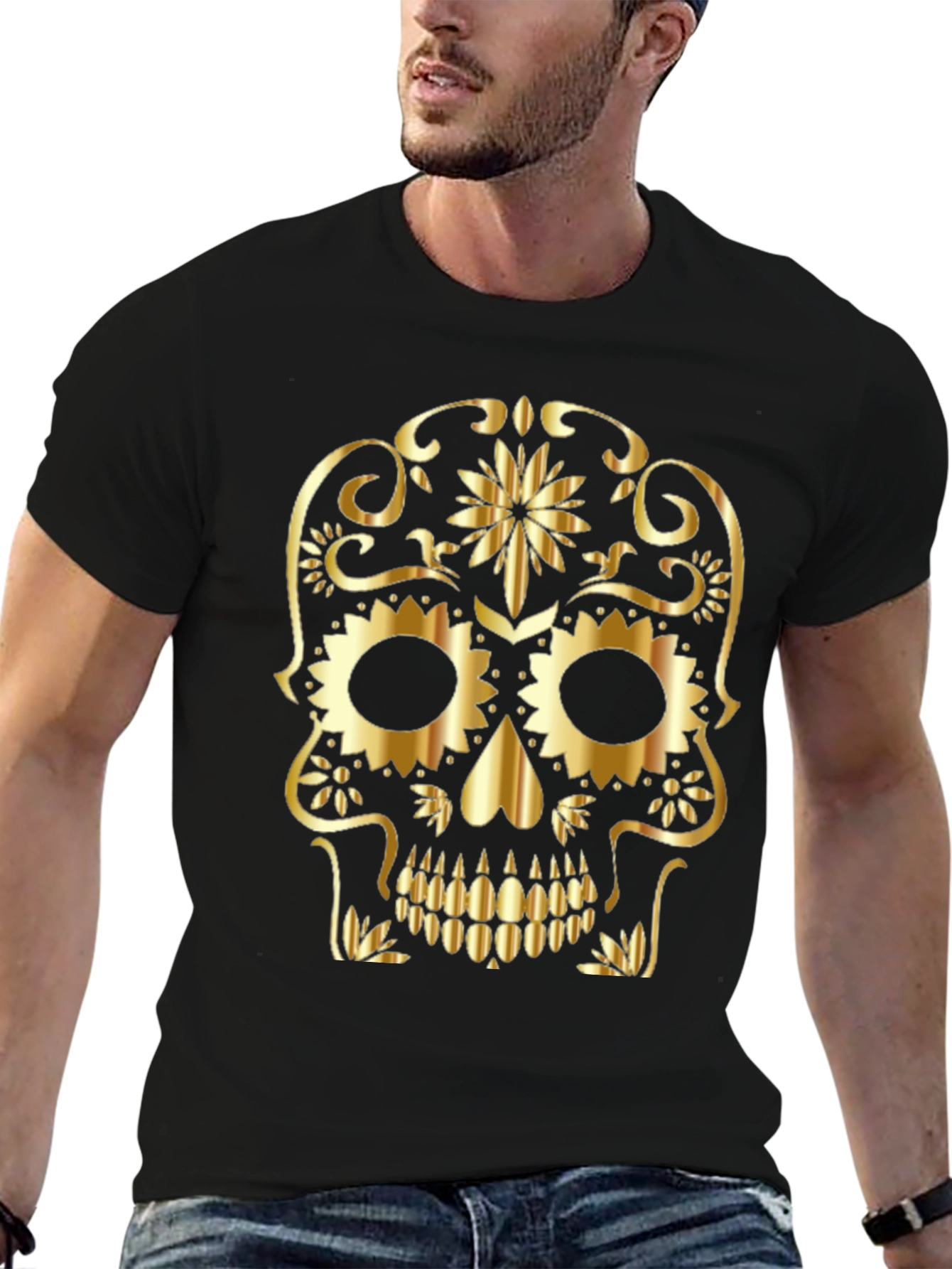 Gothic Golden Sugar Skull Graphic T-Shirt