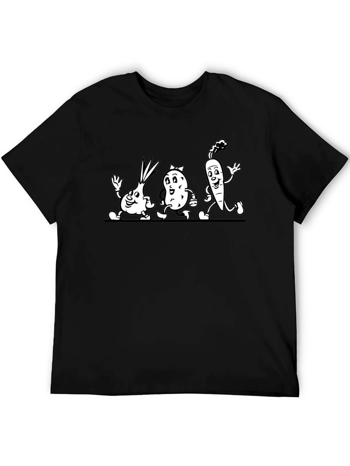 Cartoon Vegetable Run Black T-Shirt