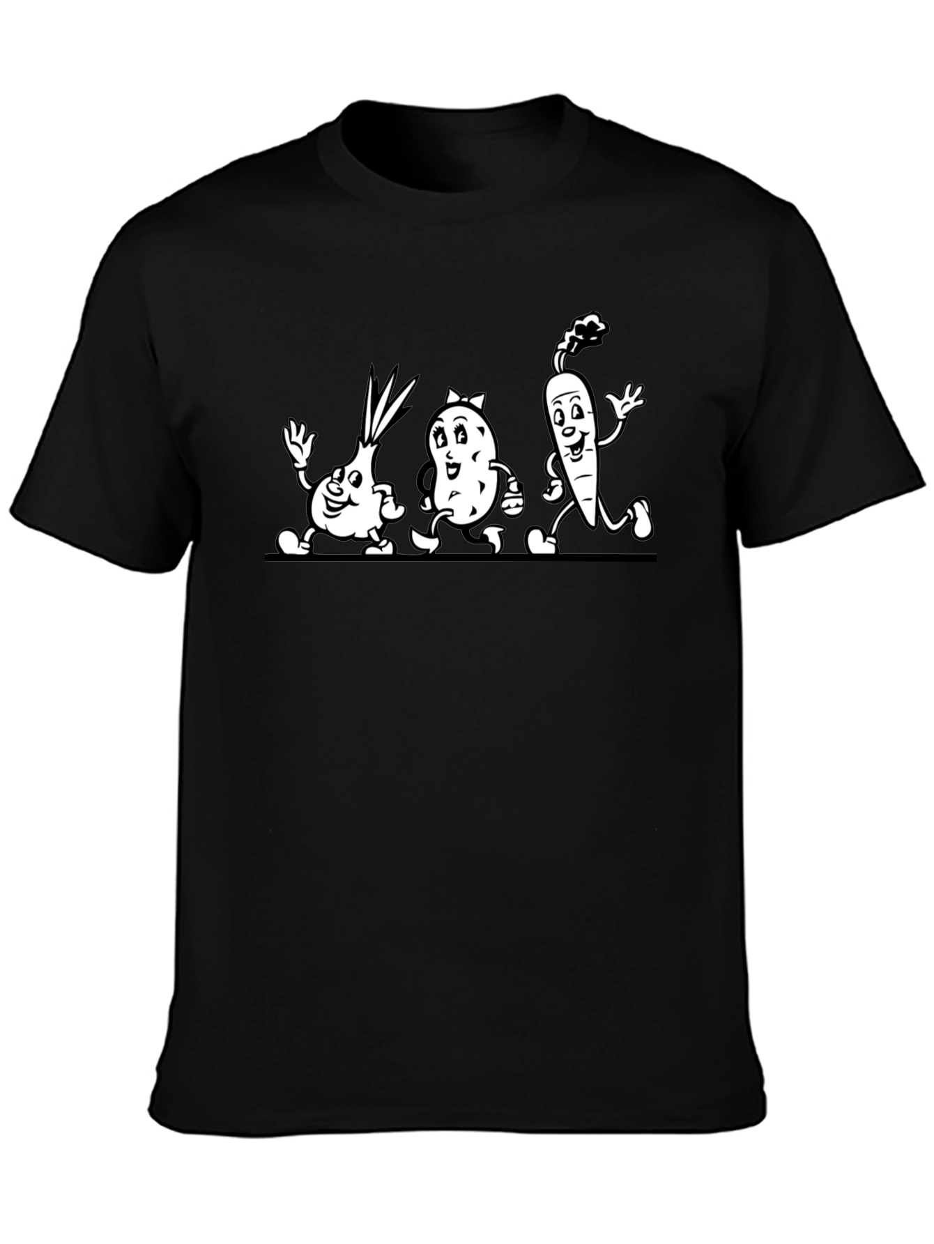 Cartoon Vegetable Run Black T-Shirt