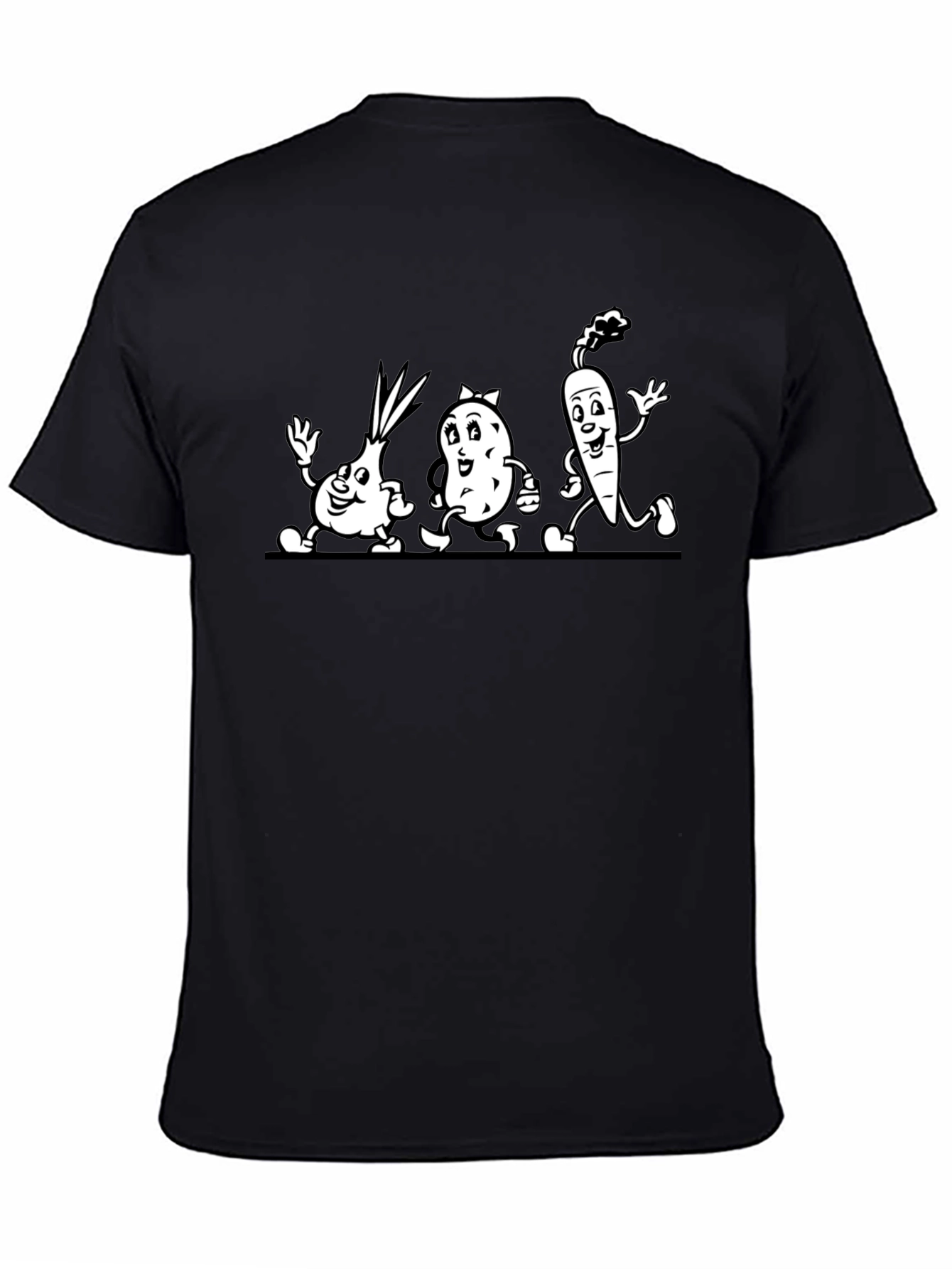 Cartoon Vegetable Run Black T-Shirt