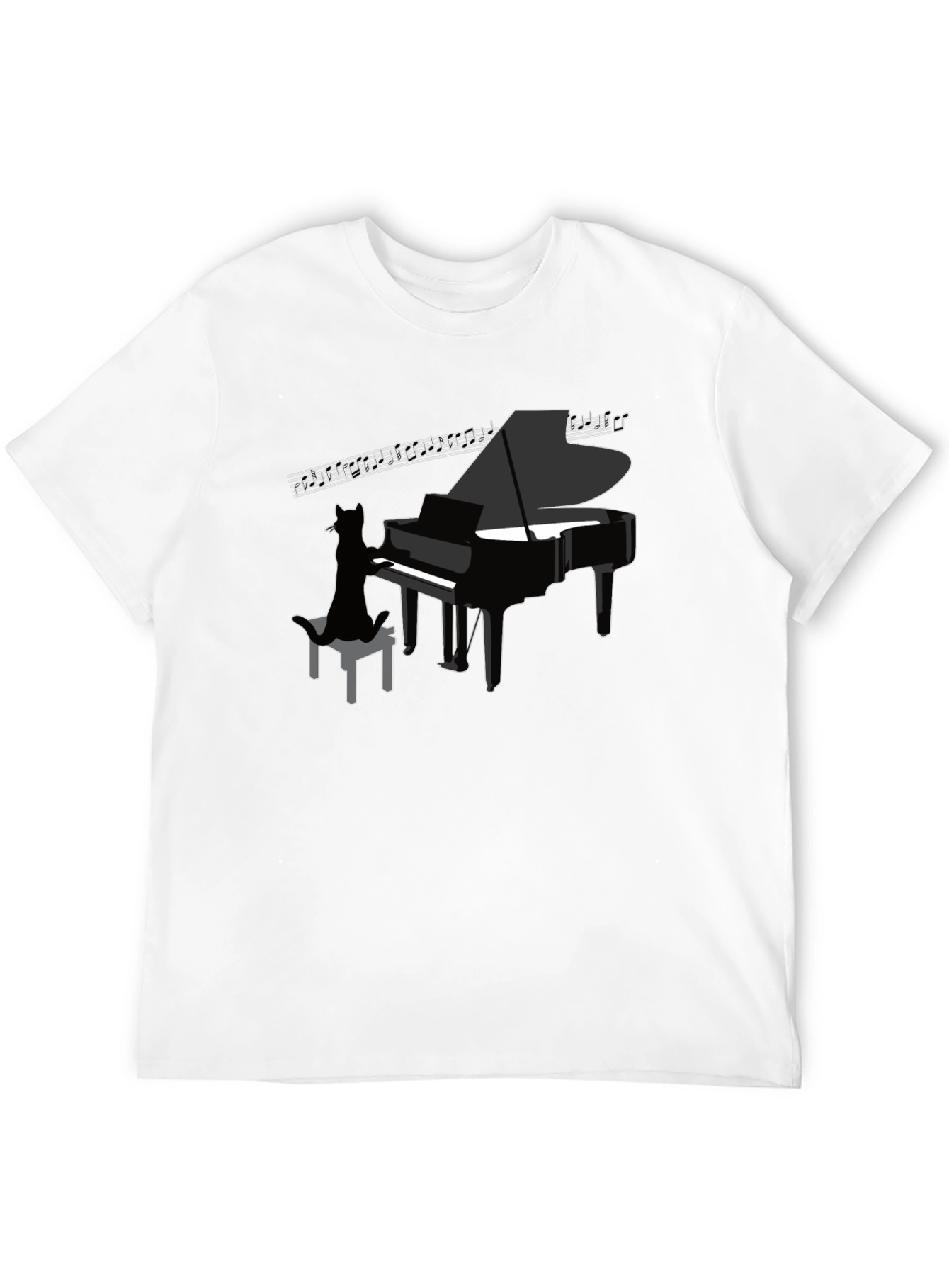 Cat Playing Piano Graphic Tee - Cool Black T-Shirt