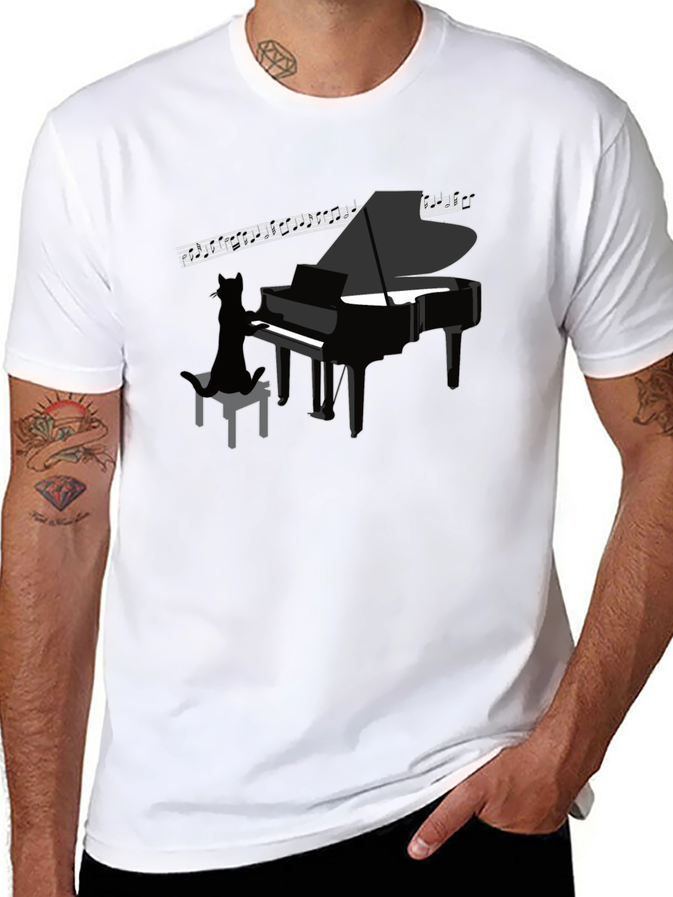 Cat Playing Piano Graphic Tee - Cool Black T-Shirt