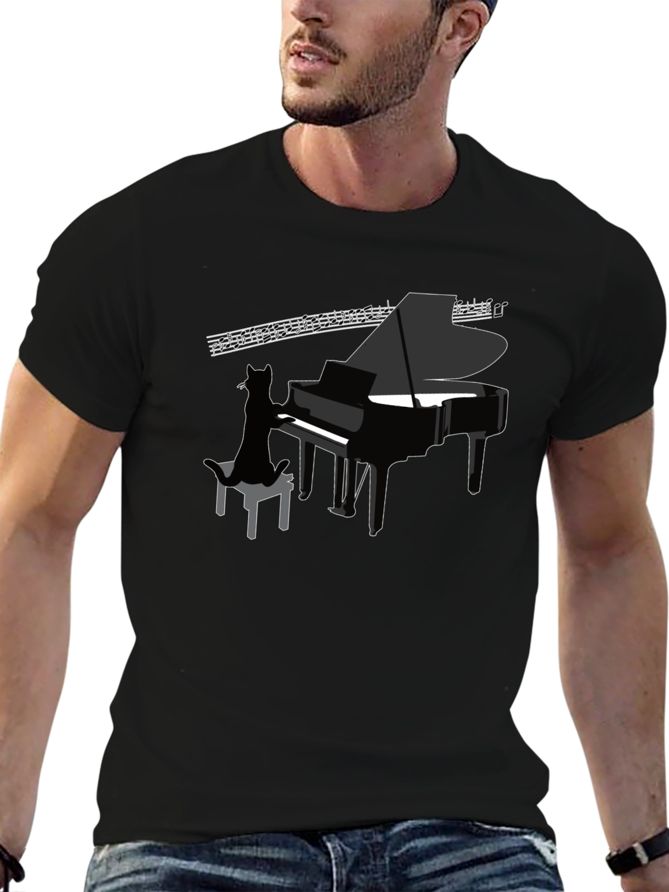 Cat Playing Piano Graphic Tee - Cool Black T-Shirt