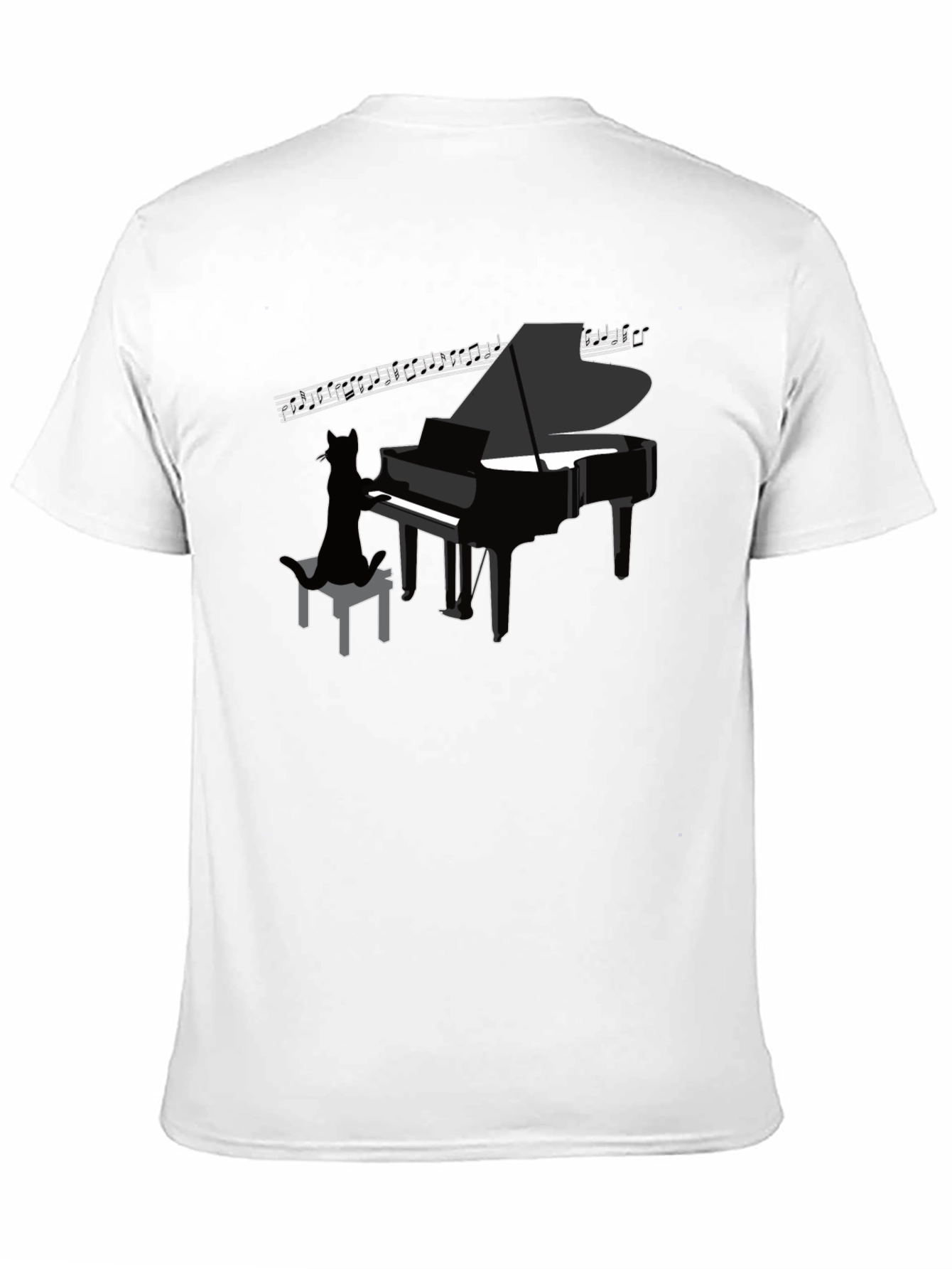 Cat Playing Piano Graphic Tee - Cool Black T-Shirt