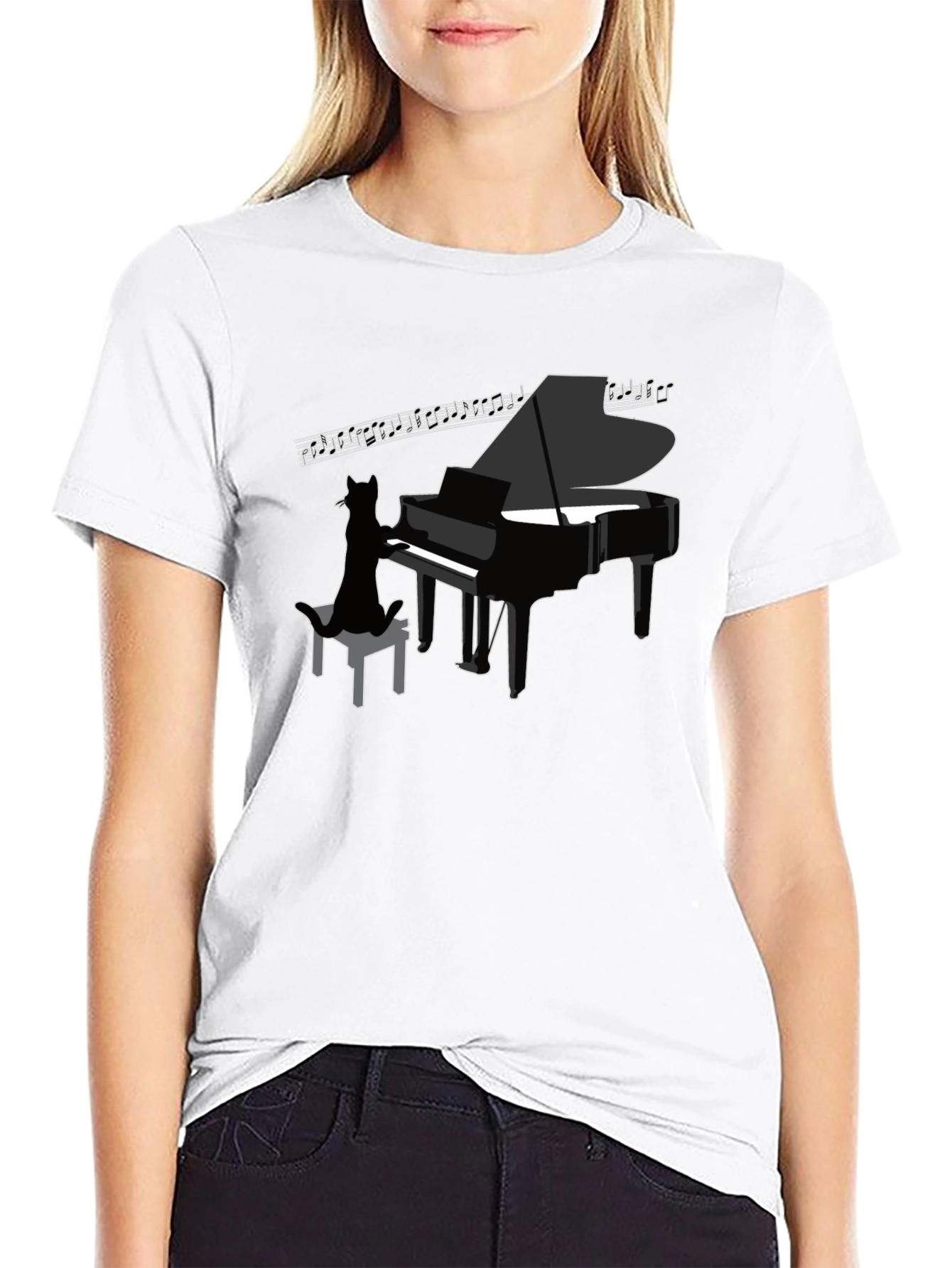 Cat Playing Piano Graphic Tee - Cool Black T-Shirt