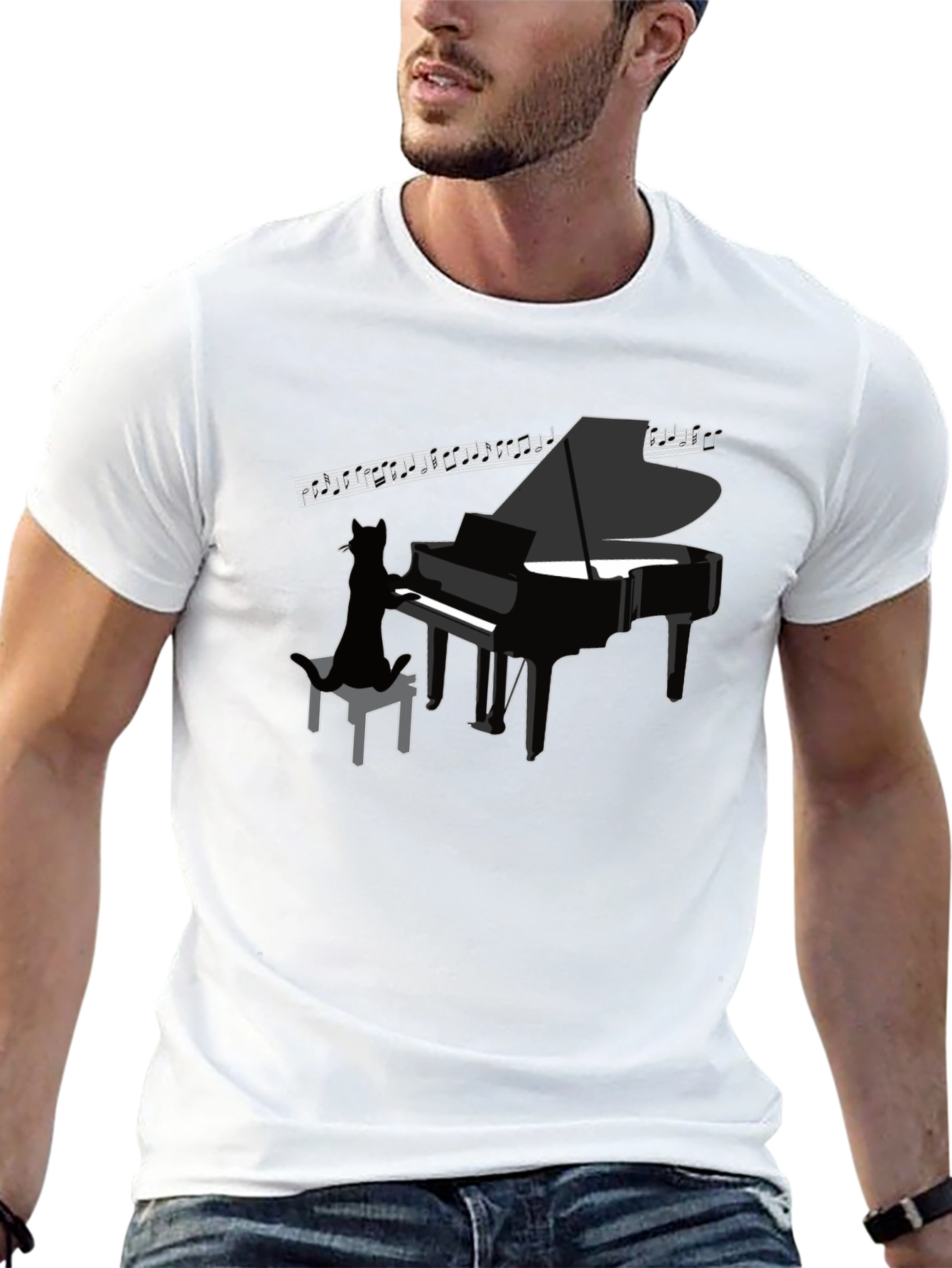 Cat Playing Piano Graphic Tee - Cool Black T-Shirt