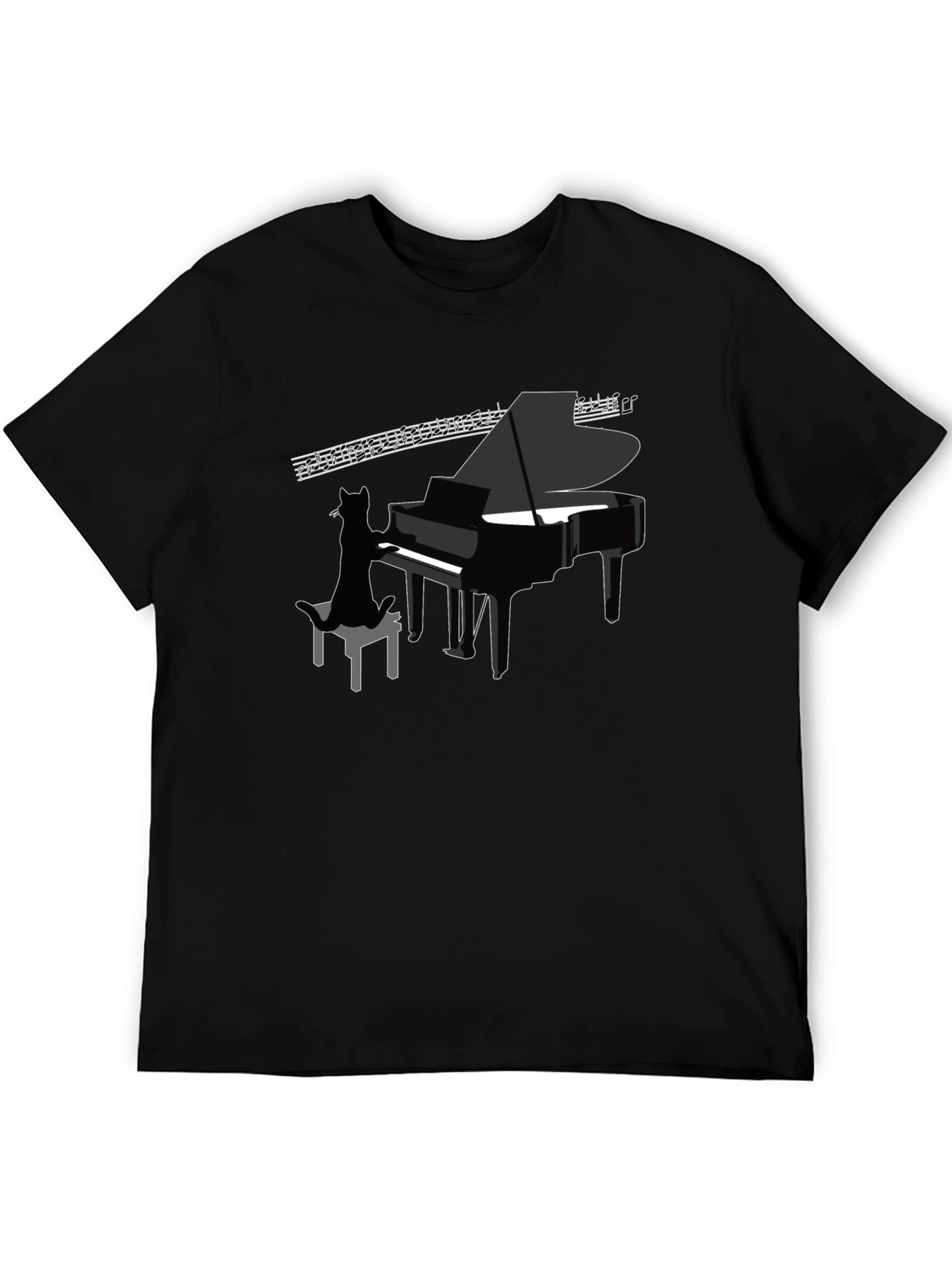 Cat Playing Piano Graphic Tee - Cool Black T-Shirt