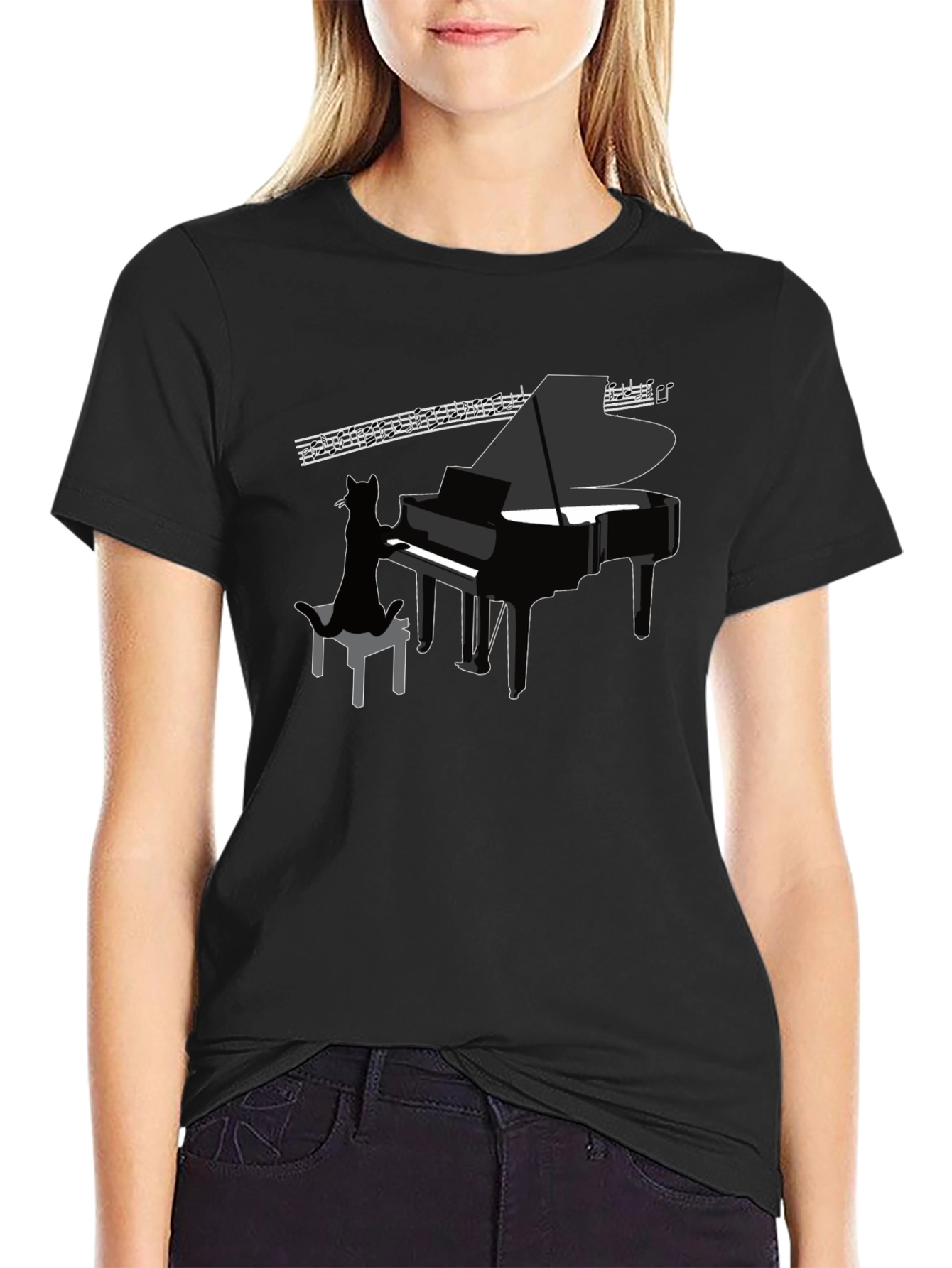 Cat Playing Piano Graphic Tee - Cool Black T-Shirt