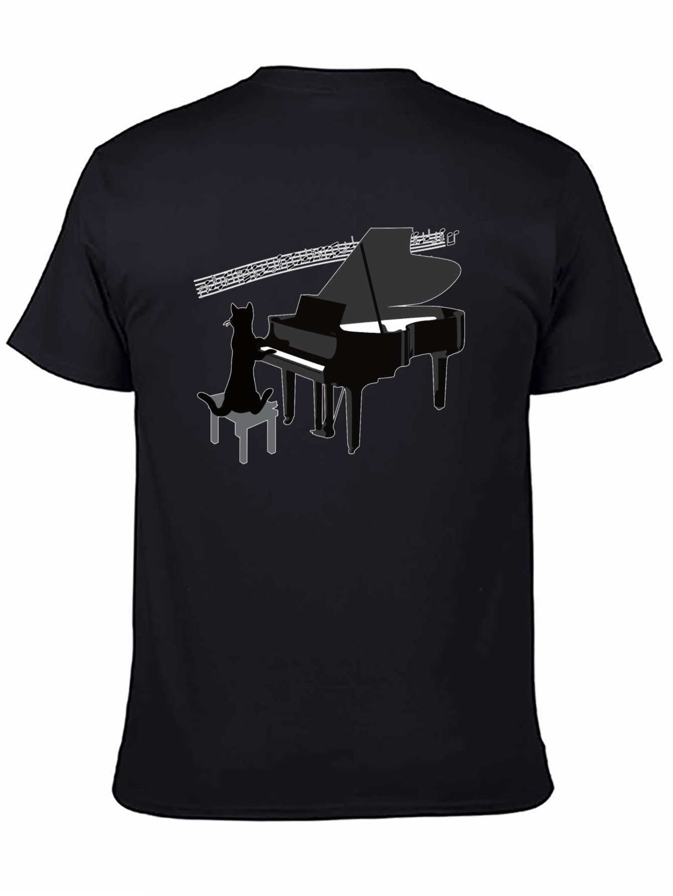 Cat Playing Piano Graphic Tee - Cool Black T-Shirt