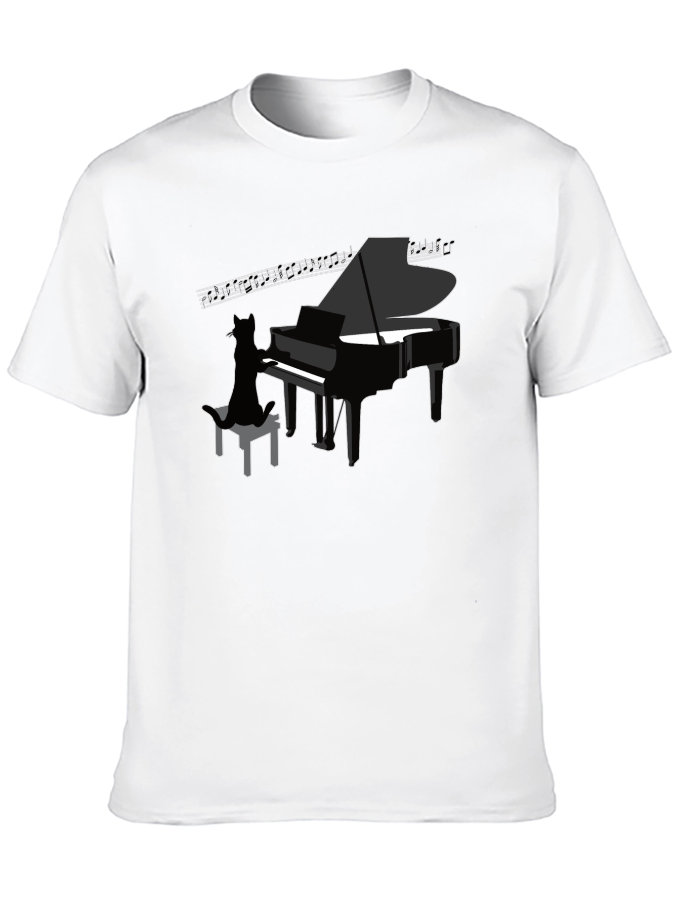 Cat Playing Piano Graphic Tee - Cool Black T-Shirt