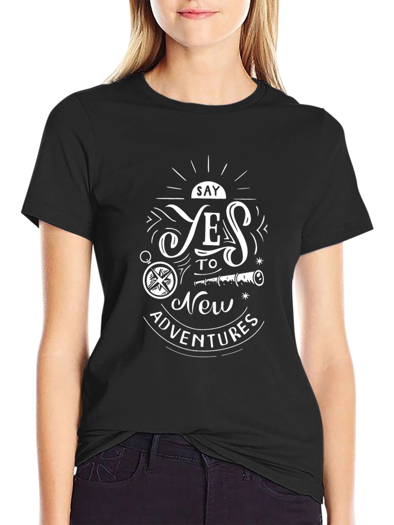 Adventure Awaits: Graphic Print Black Tee