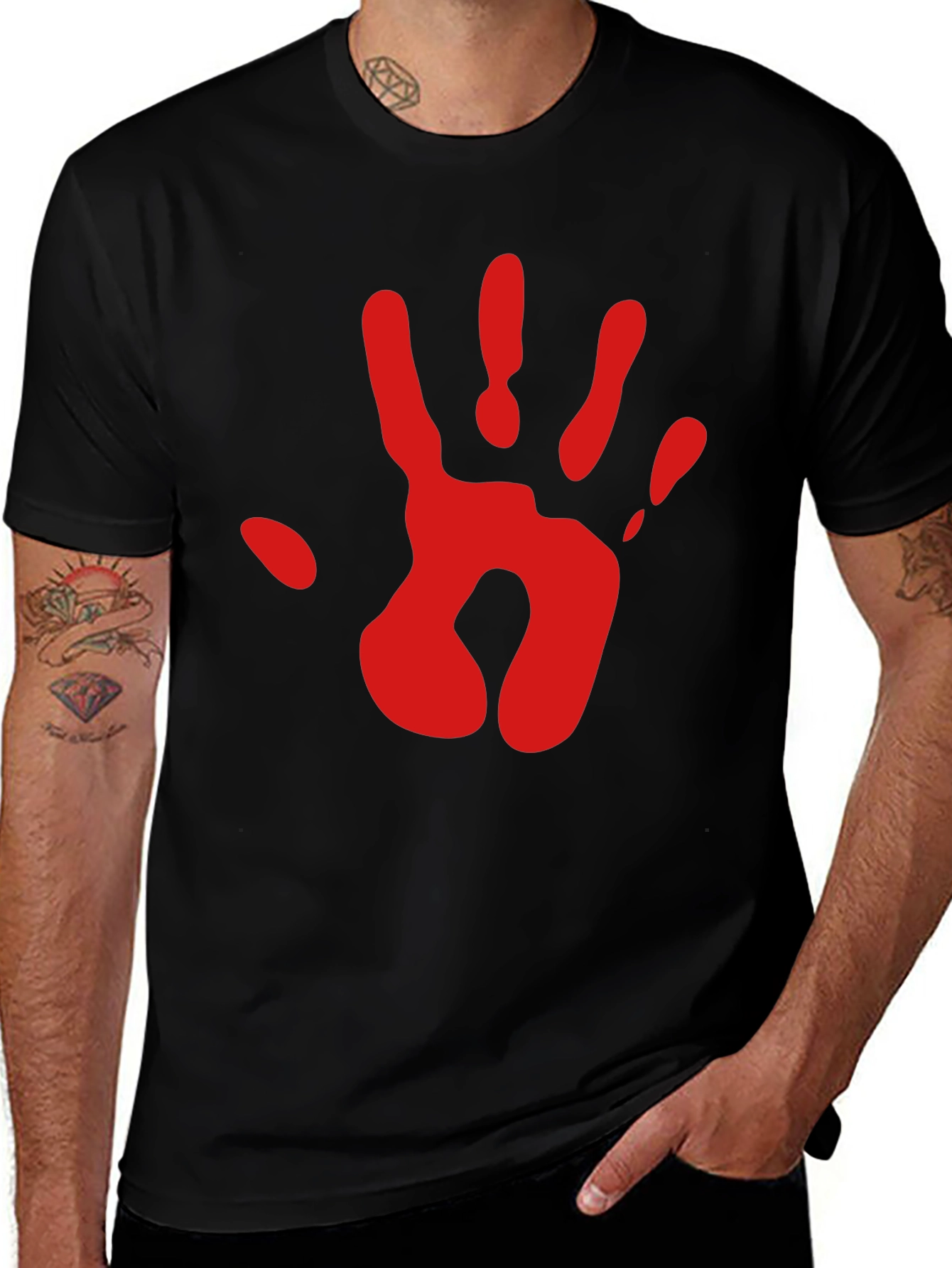 Red Handprint Graphic Tee - Black Cotton Blend T-Shirt