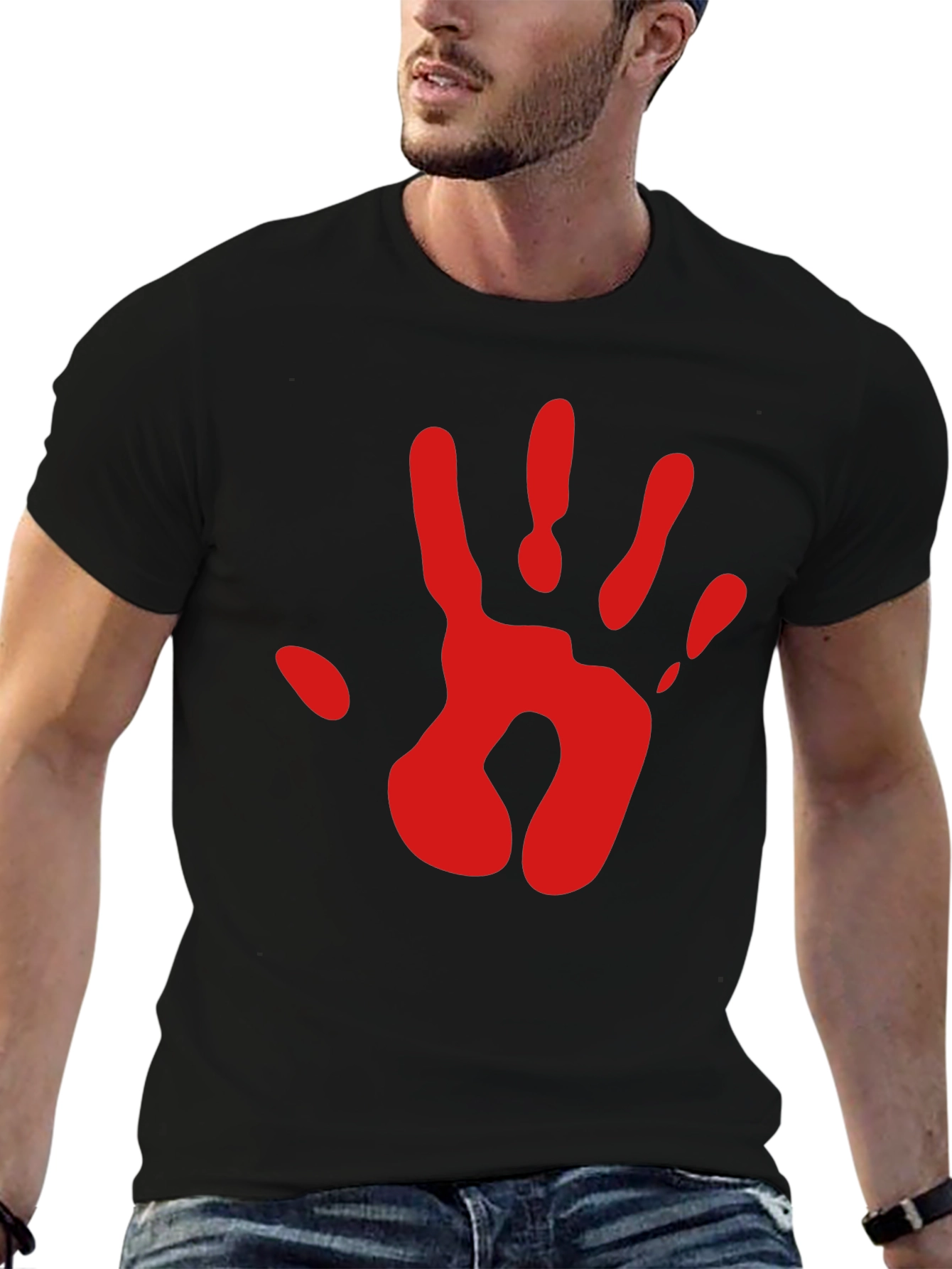 Red Handprint Graphic Tee - Black Cotton Blend T-Shirt