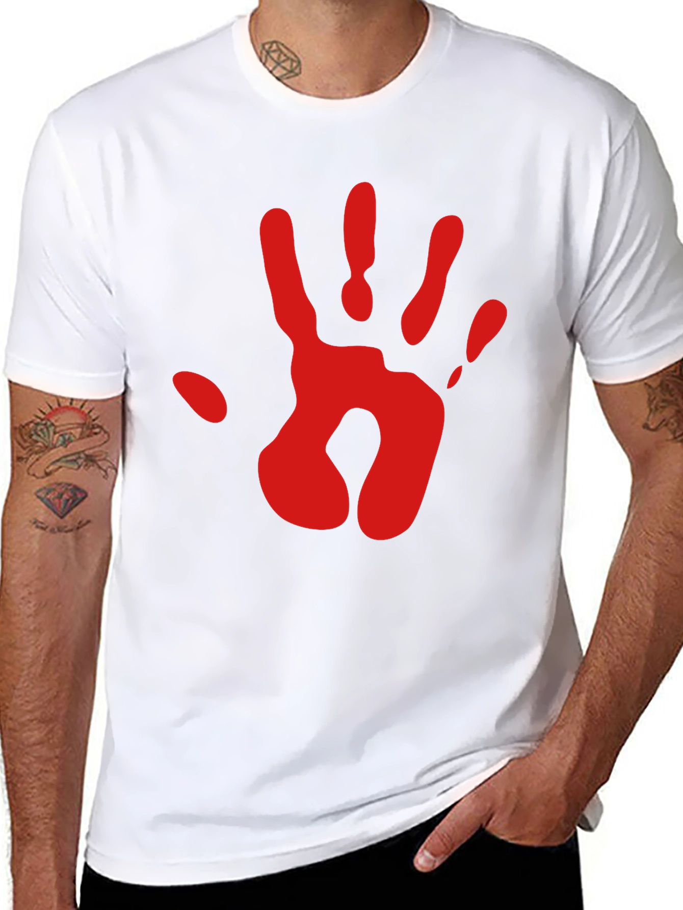 Red Handprint Graphic Tee - Black Cotton Blend T-Shirt