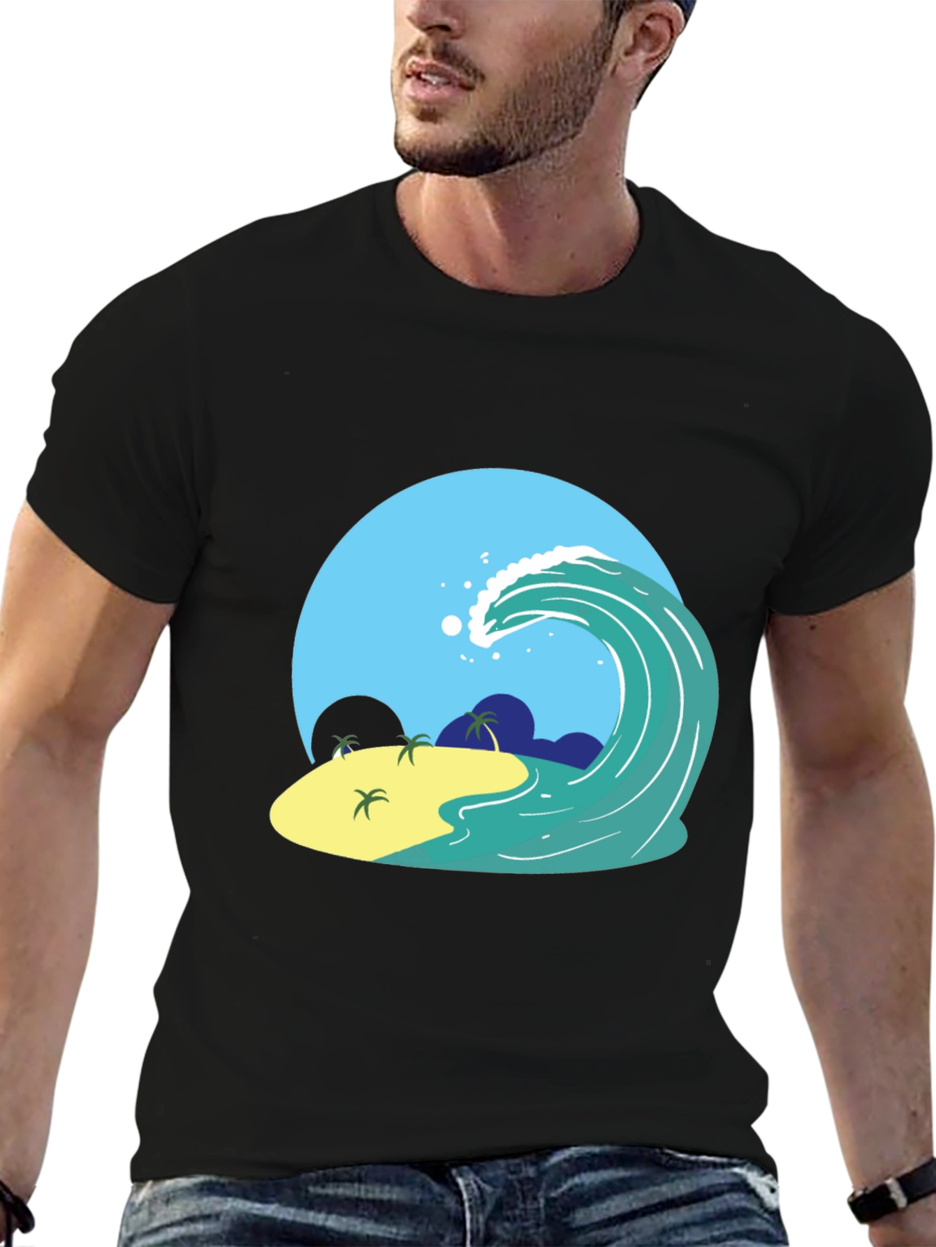 Island Wave Graphic Tee - Black Cotton T-Shirt