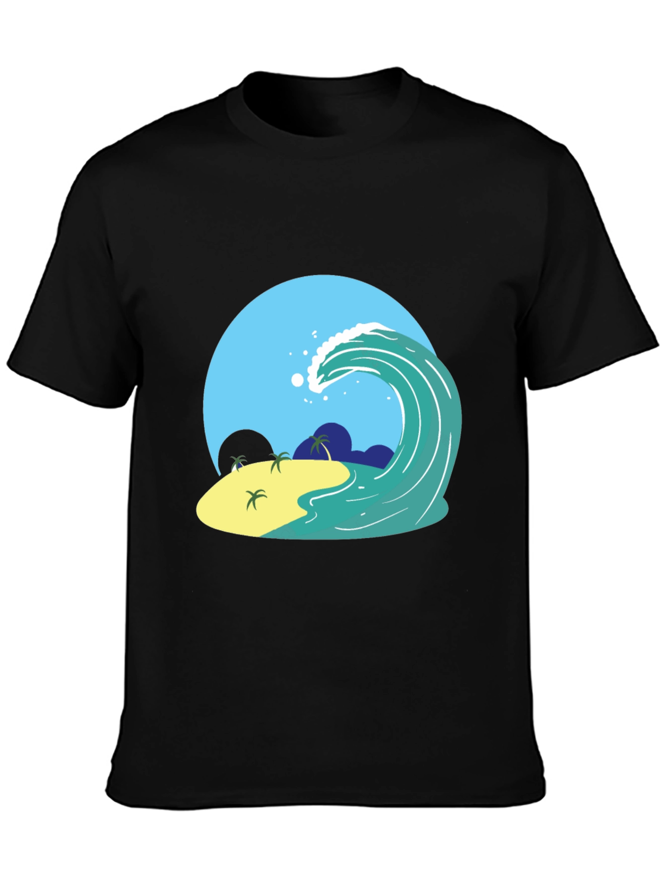 Island Wave Graphic Tee - Black Cotton T-Shirt