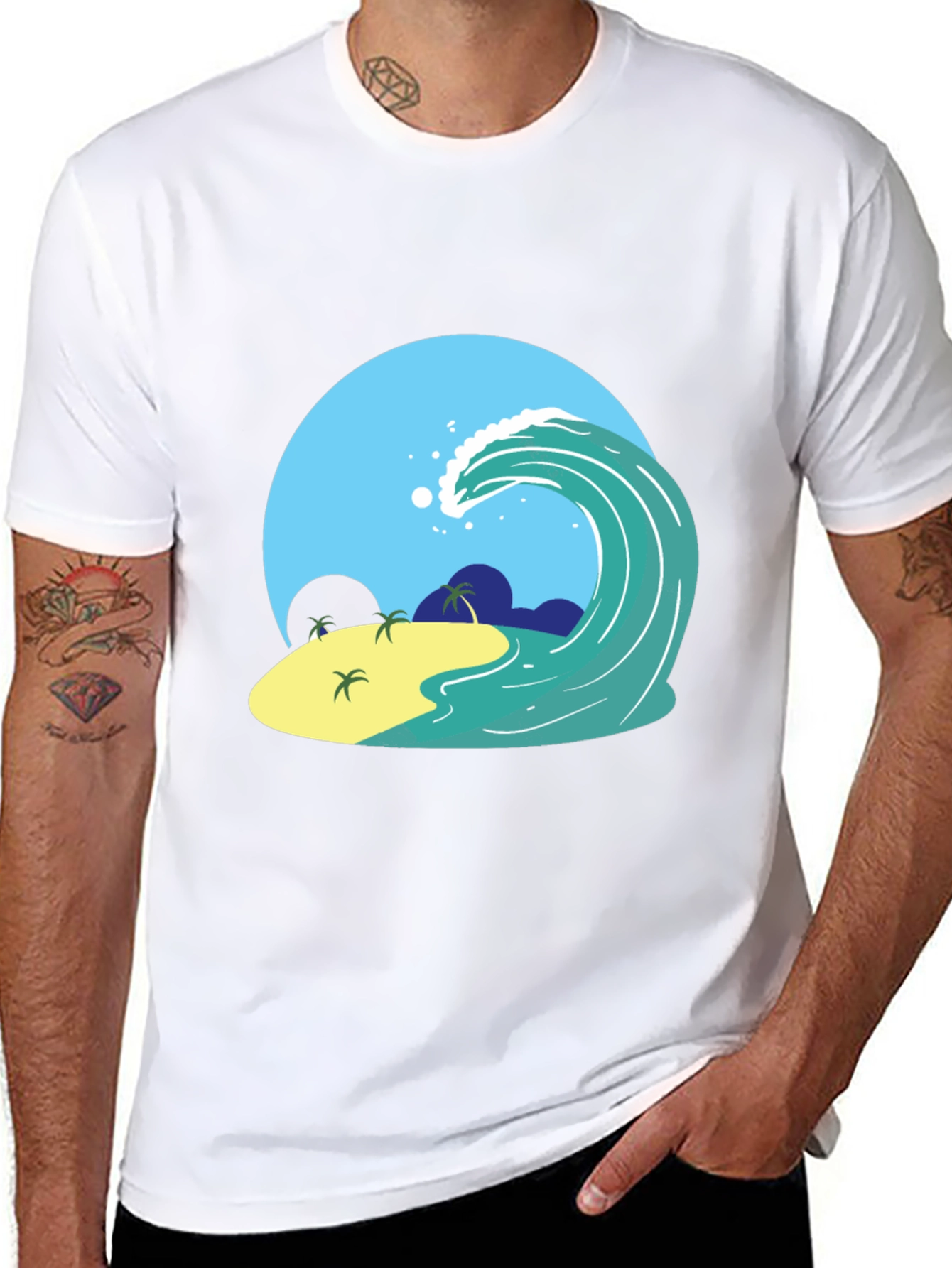 Island Wave Graphic Tee - Black Cotton T-Shirt