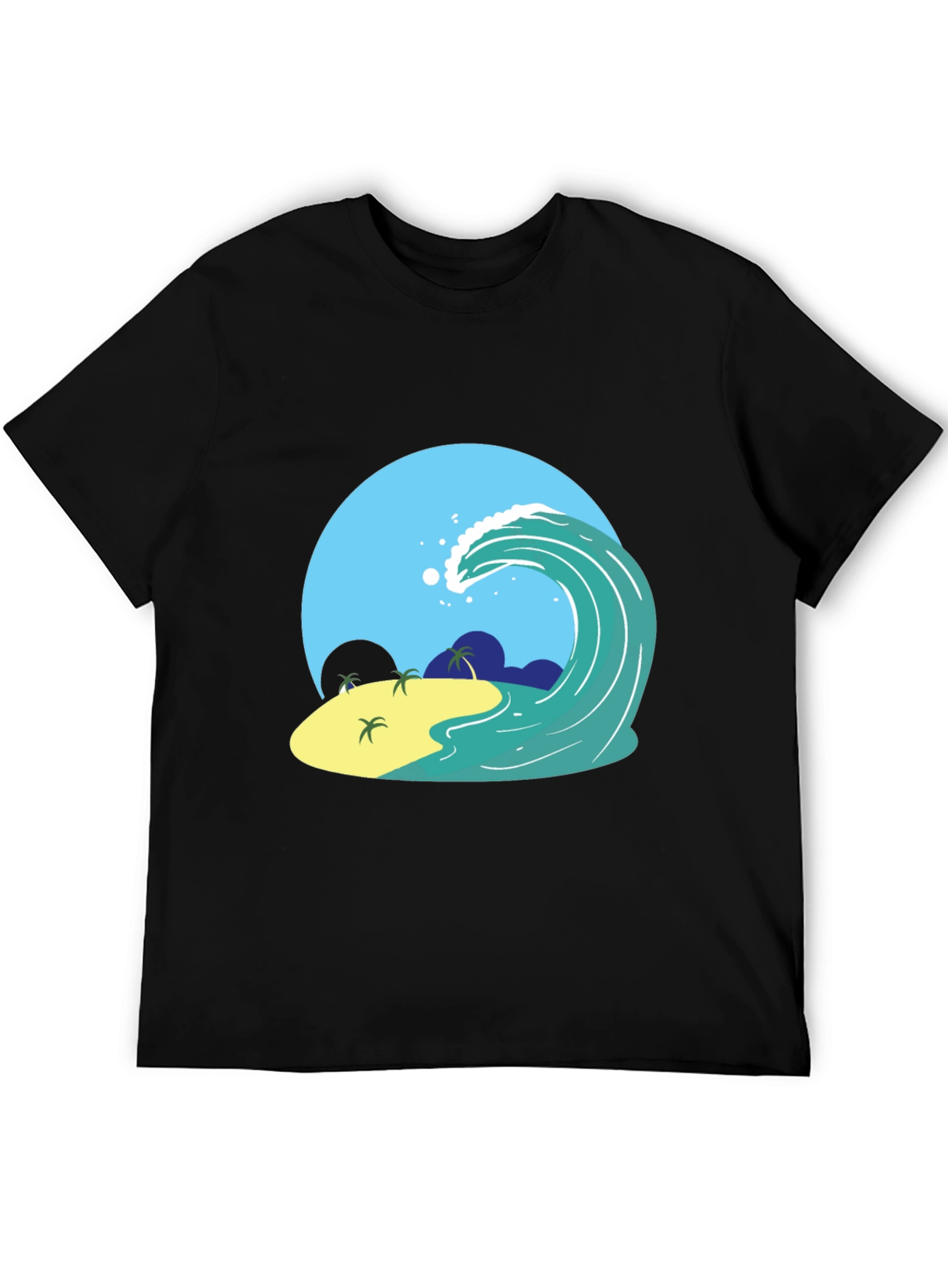 Island Wave Graphic Tee - Black Cotton T-Shirt