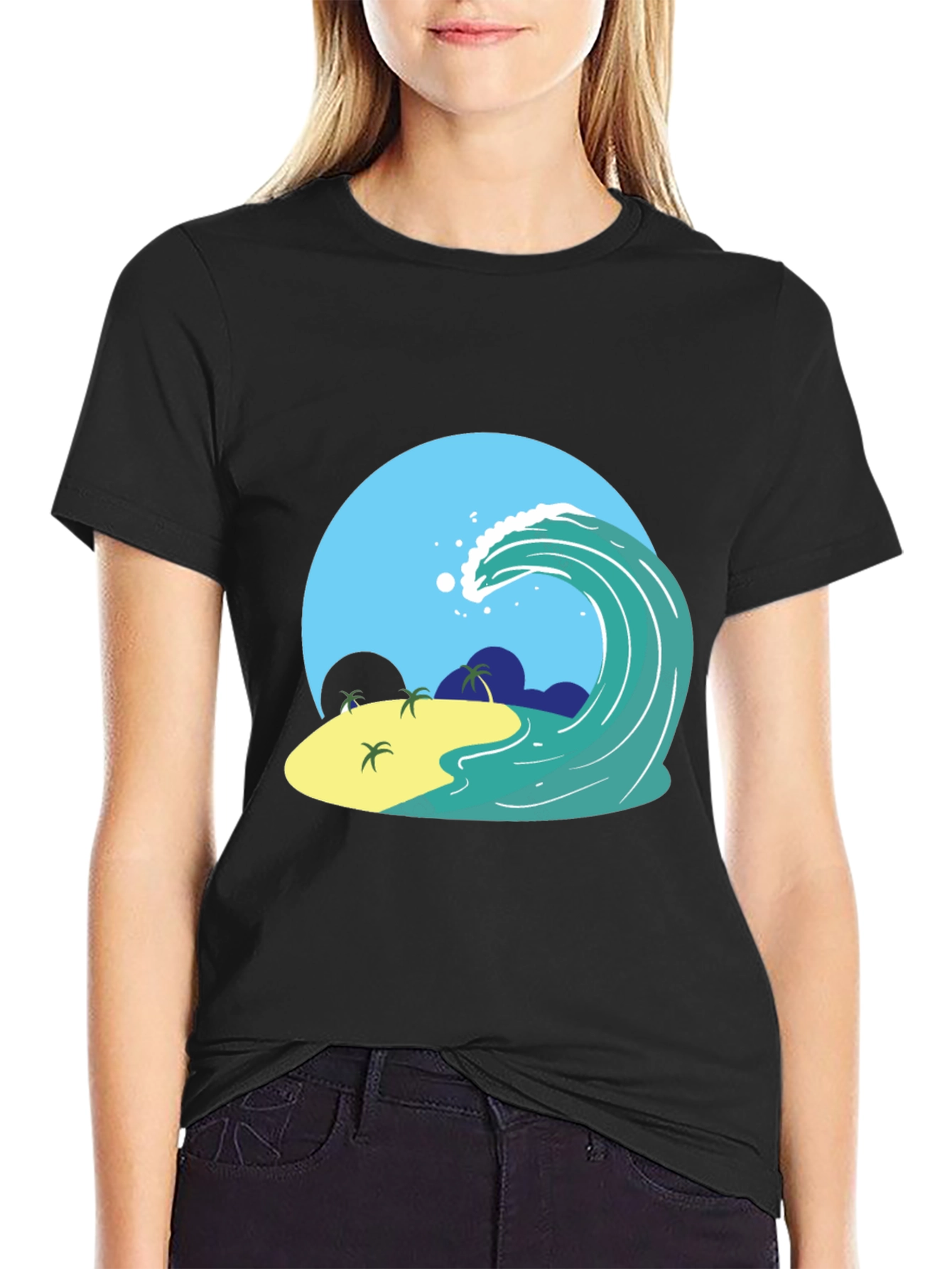 Island Wave Graphic Tee - Black Cotton T-Shirt