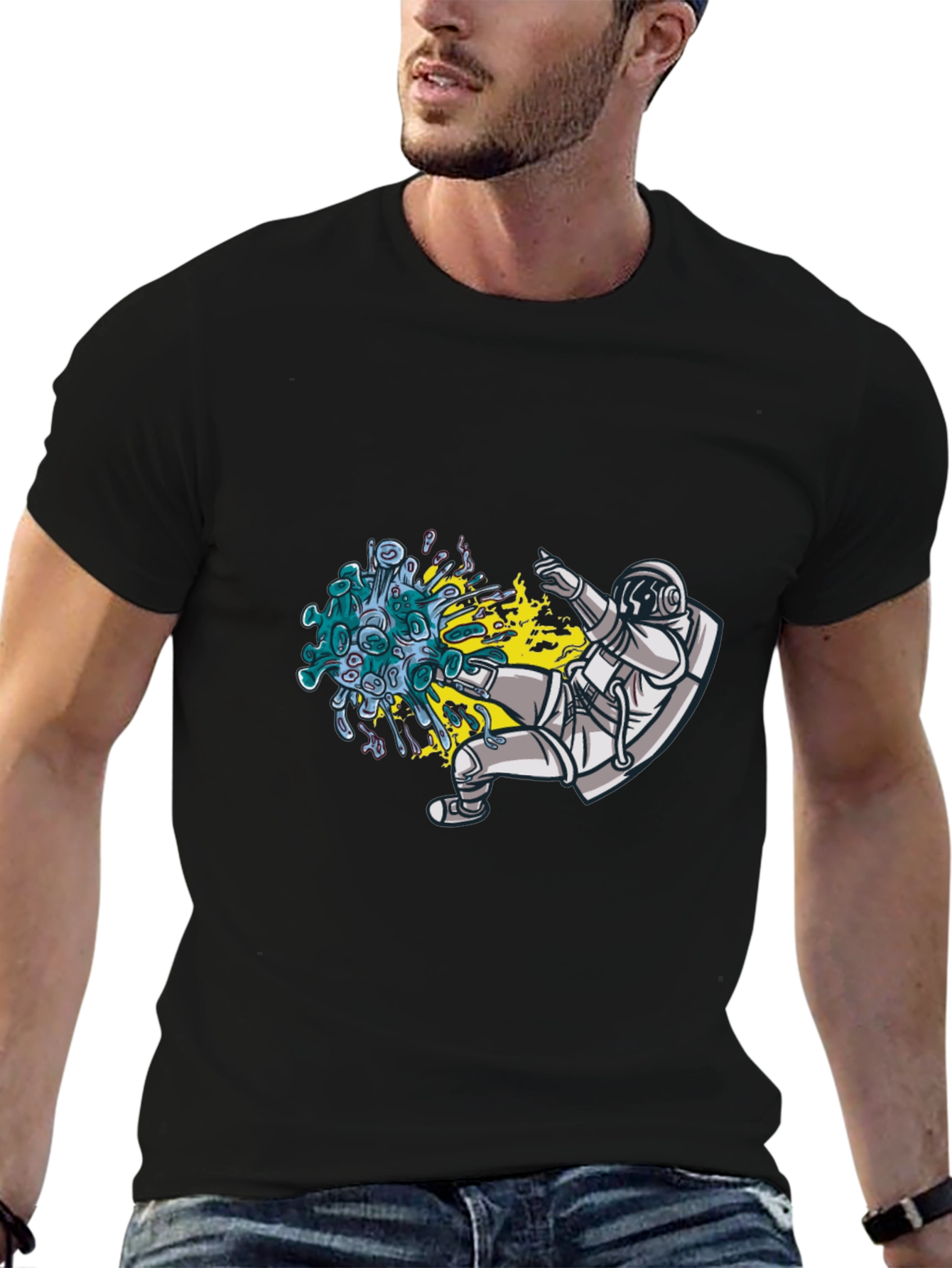 Astronaut Kicking Virus Graphic T-Shirt