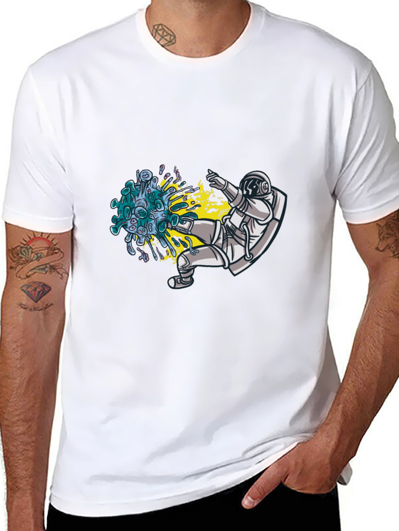 Astronaut Kicking Virus Graphic T-Shirt