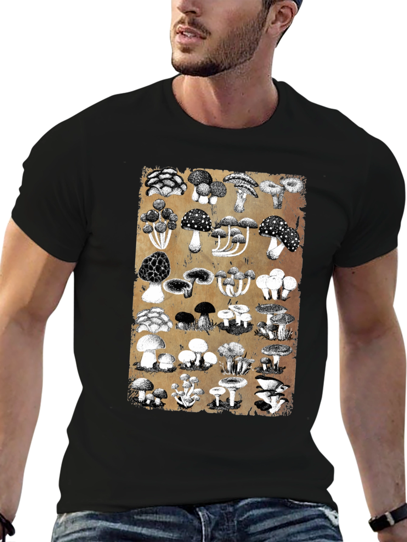 Mushroom Print Black T-Shirt - Nature Lovers Tee
