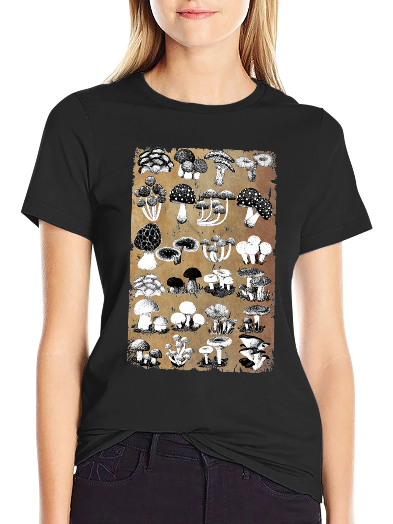 Mushroom Print Black T-Shirt - Nature Lovers Tee